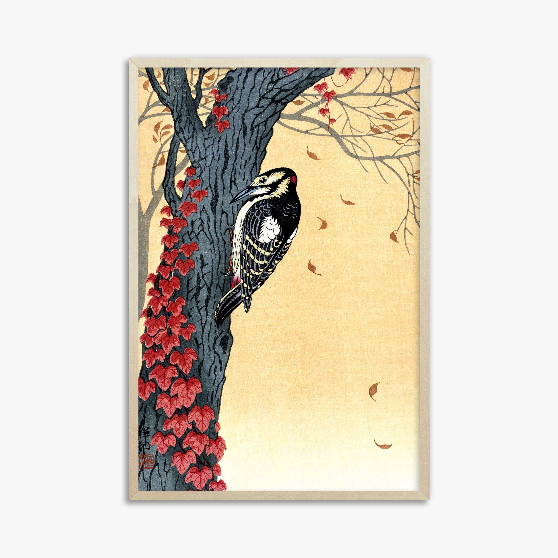 Ohara Koson: Great Spotted Woodpecker in Tree with Red Ivy, 61x91cm Framed Art Reproduction With Lime Wood Frame