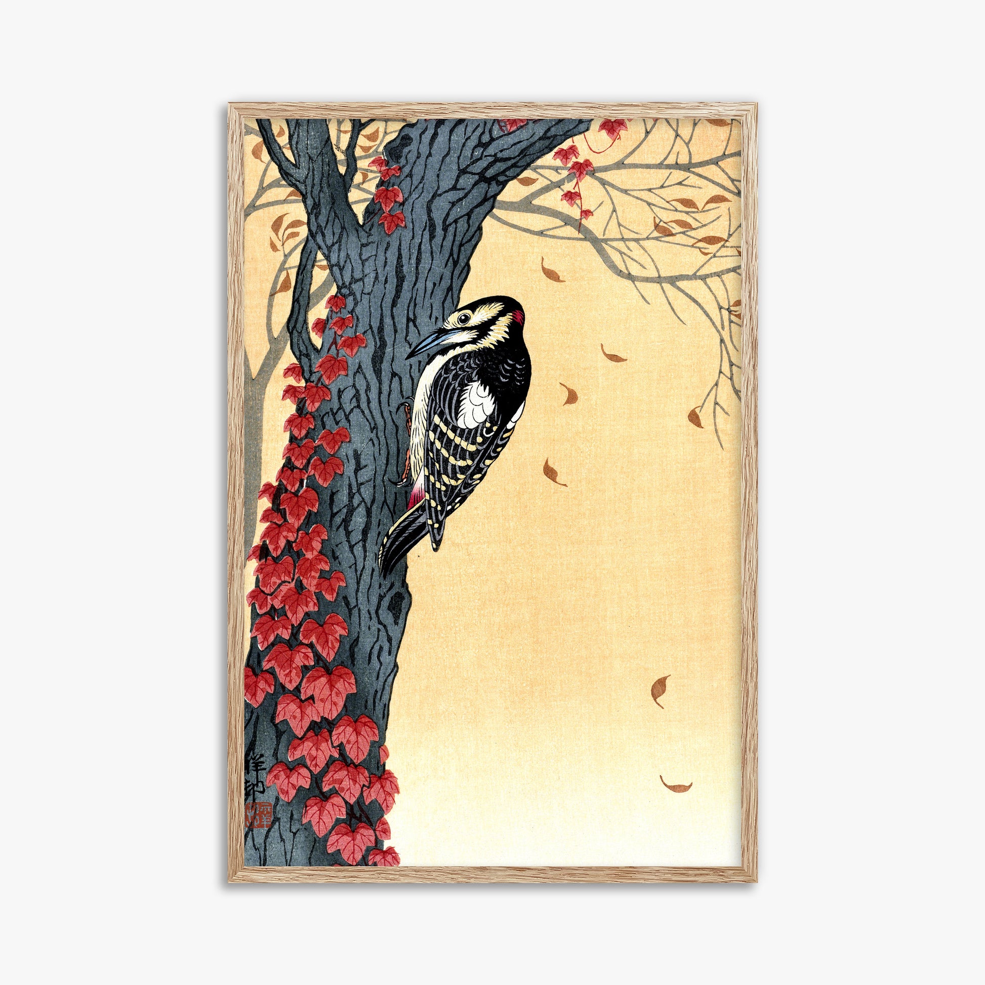 Ohara Koson: Great Spotted Woodpecker in Tree with Red Ivy, 61x91cm Framed Art Reproduction With Raw Oak Frame