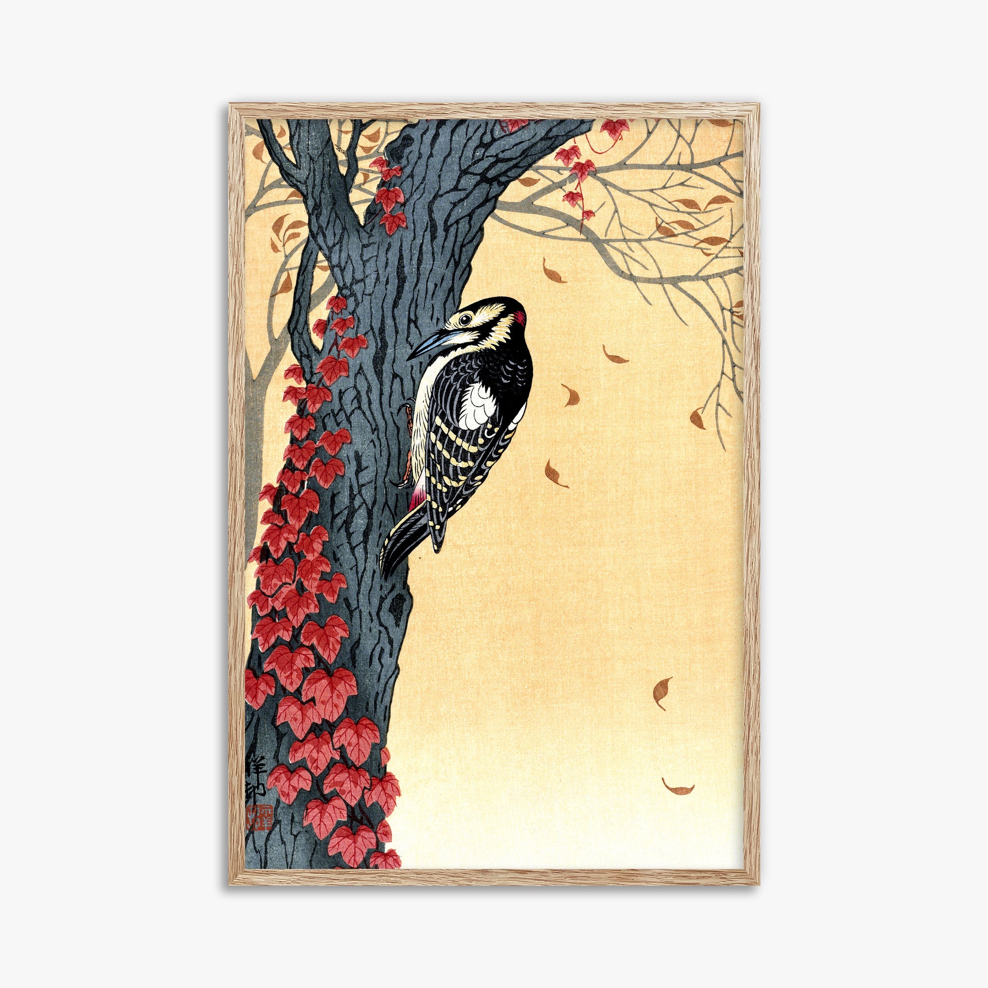 Ohara Koson: Great Spotted Woodpecker in Tree with Red Ivy, 61x91cm Framed Art Reproduction With Raw Oak Frame