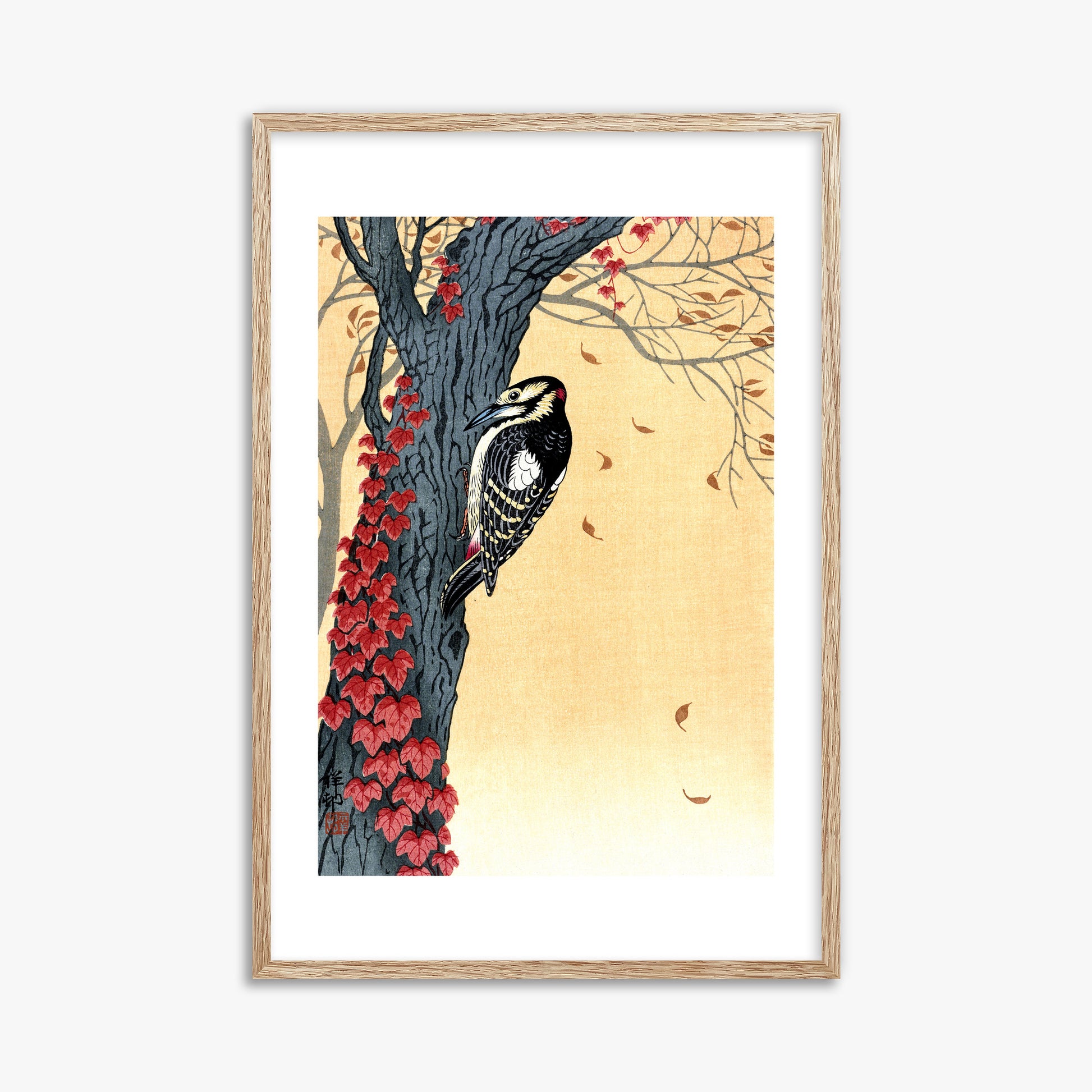 Ohara Koson: Great Spotted Woodpecker in Tree with Red Ivy, 61x91cm Framed Art Reproduction With Raw Oak Frame