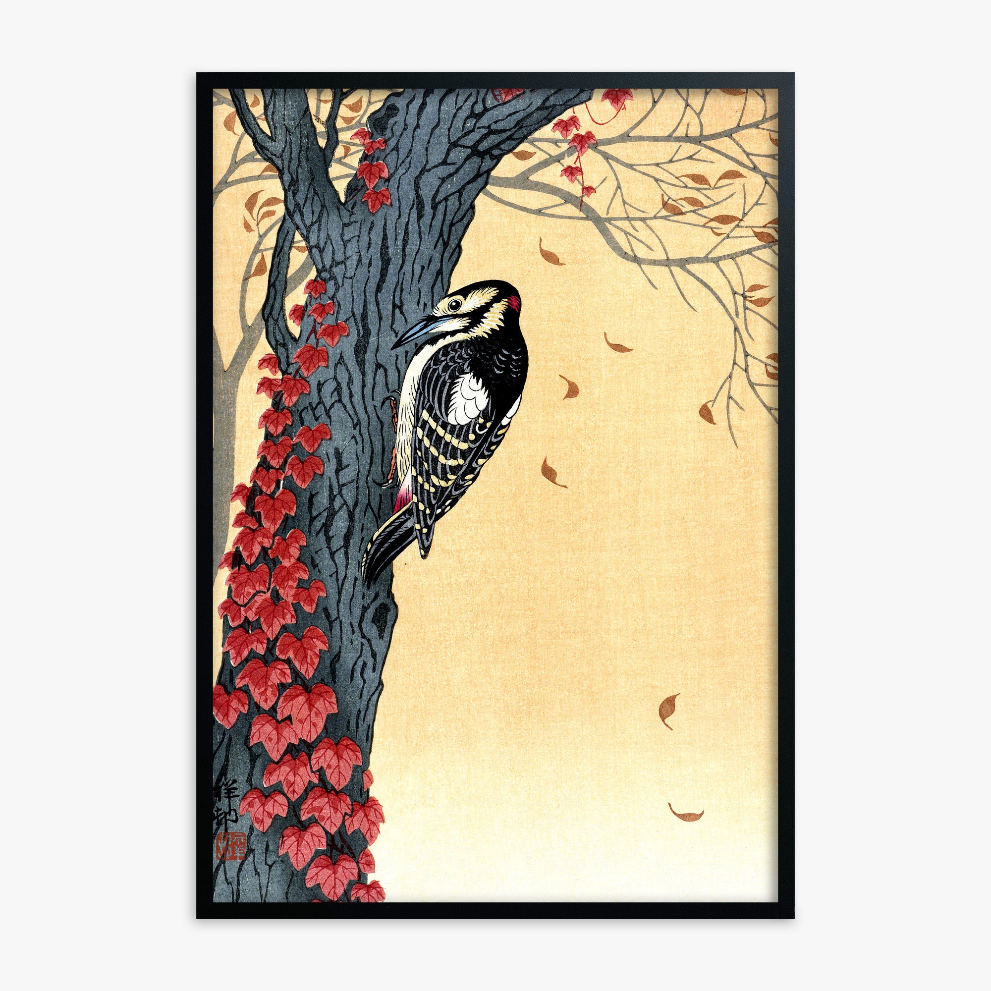 Ohara Koson: Great Spotted Woodpecker in Tree with Red Ivy, Black Framed Art Reproduction With Black Frame