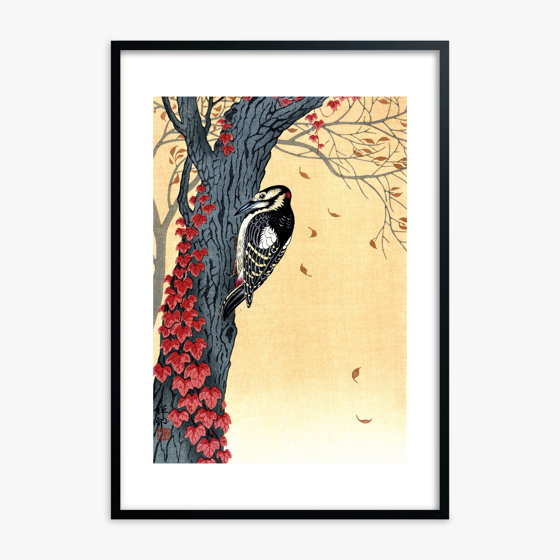 Ohara Koson: Great Spotted Woodpecker in Tree with Red Ivy, Black Framed Art Reproduction With Black Frame
