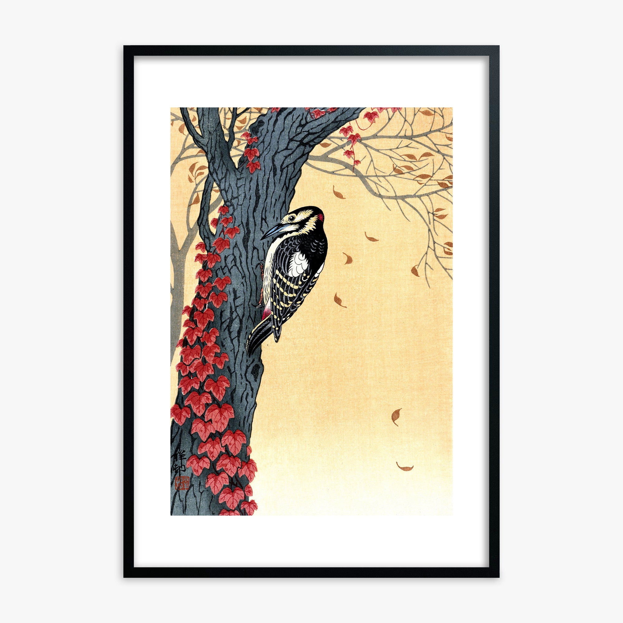 Ohara Koson: Great Spotted Woodpecker in Tree with Red Ivy, Black Framed Art Reproduction With Black Frame
