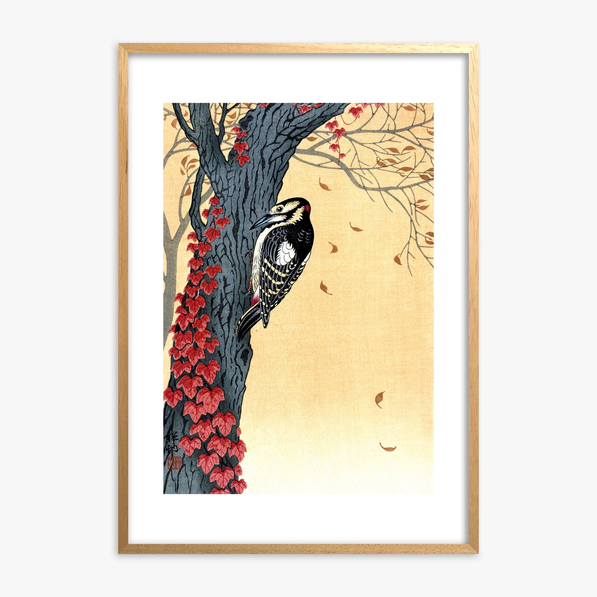 Ohara Koson: Great Spotted Woodpecker in Tree with Red Ivy, Oak Framed Art Reproduction With Oak Frame