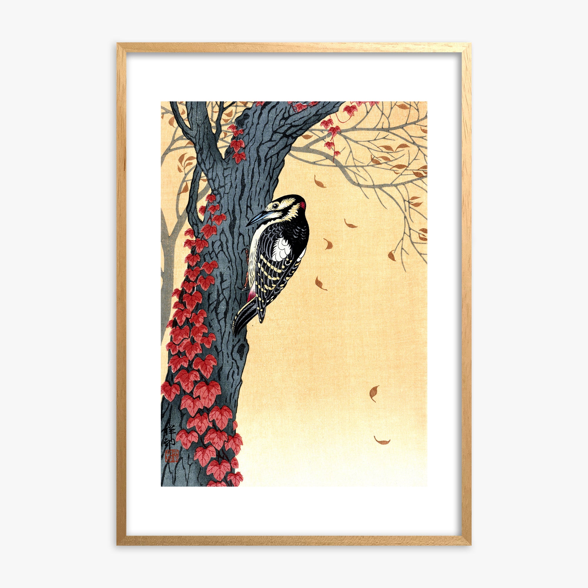 Ohara Koson: Great Spotted Woodpecker in Tree with Red Ivy, Oak Framed Art Reproduction With Oak Frame