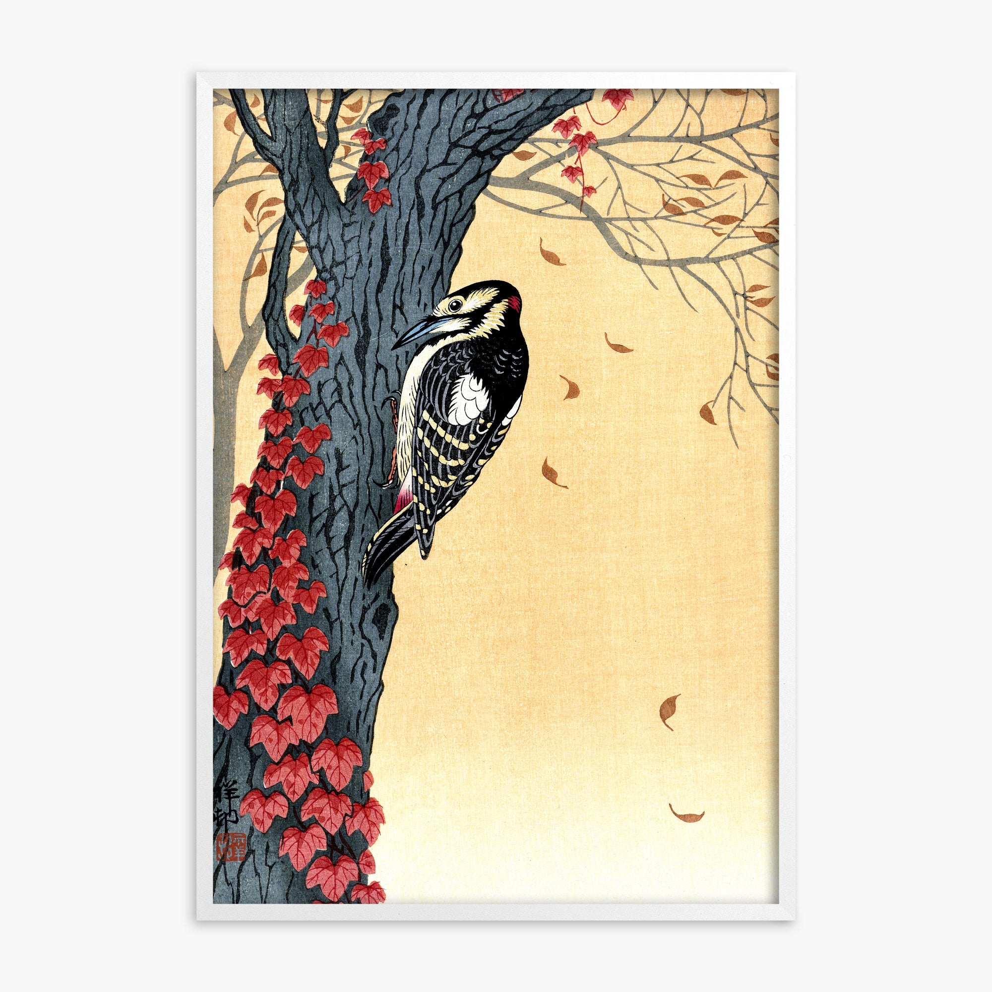 Ohara Koson: Great Spotted Woodpecker in Tree with Red Ivy, White Framed Art Reproduction With White Frame