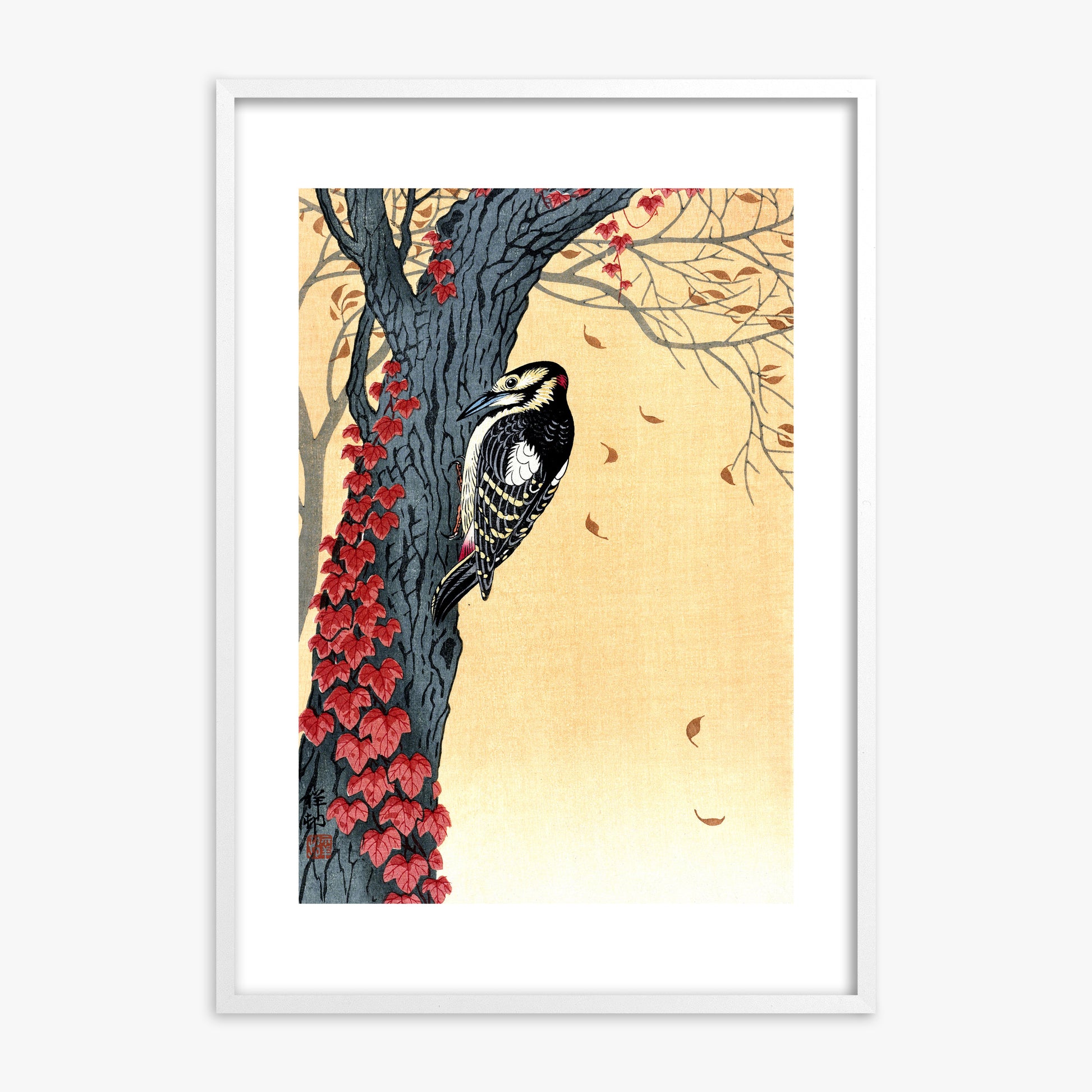 Ohara Koson: Great Spotted Woodpecker in Tree with Red Ivy, White Framed Art Reproduction With White Frame