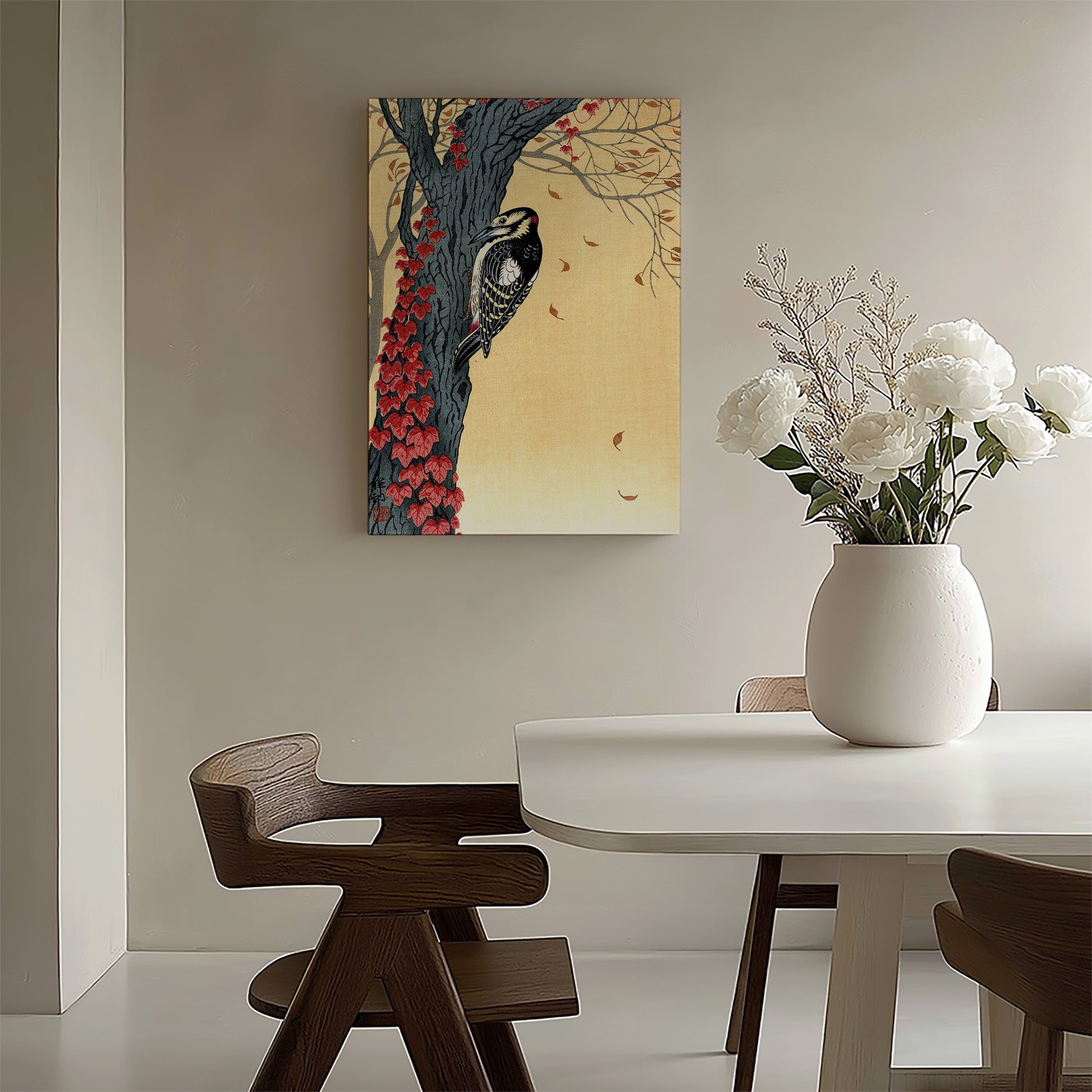 Design Concept No. 58 for Ohara Koson: Great Spotted Woodpecker in Tree with Red Ivy Japanese Wall Art