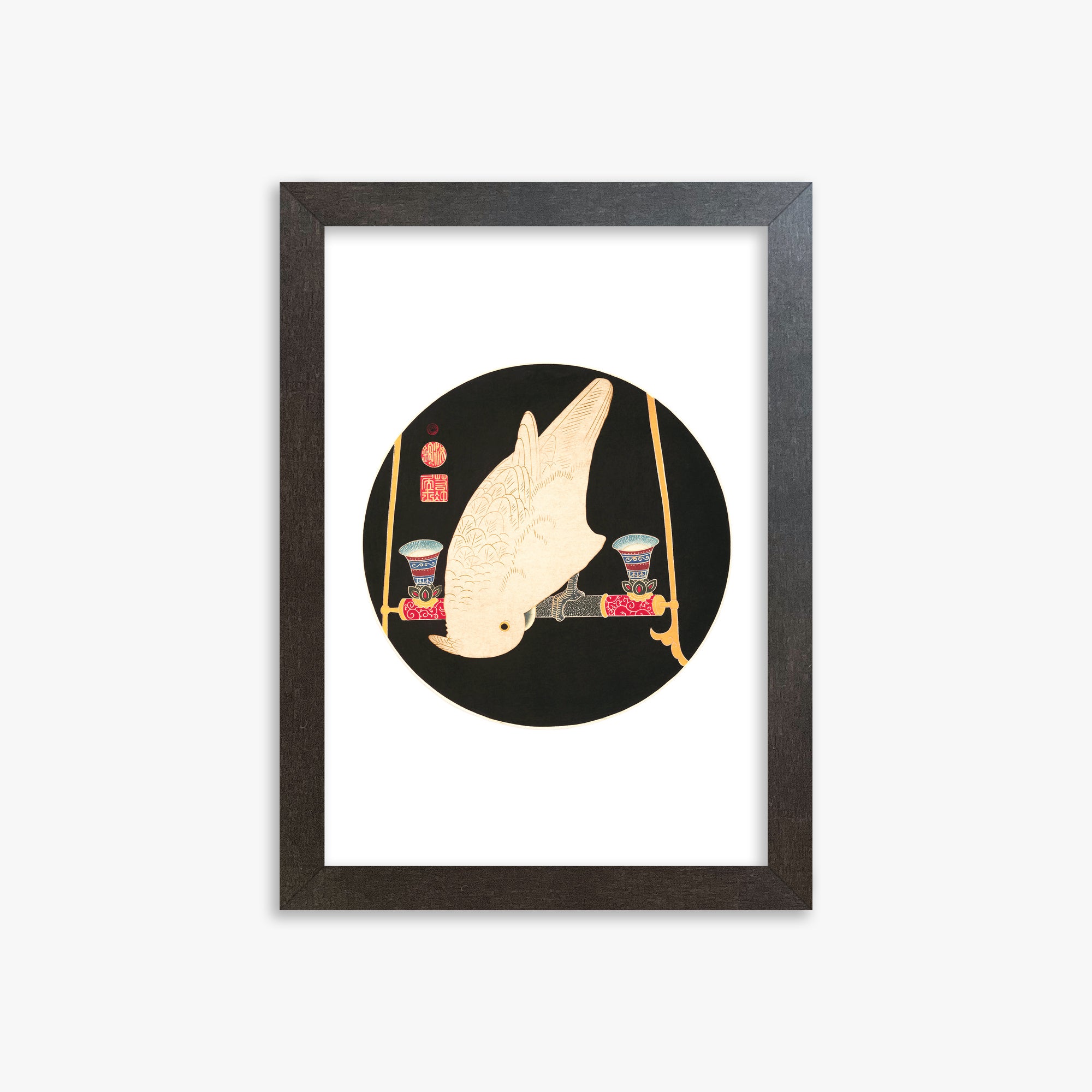 Itō Jakuchū: A White Macaw, 21x30cm Framed Art Reproduction With Espresso Frame