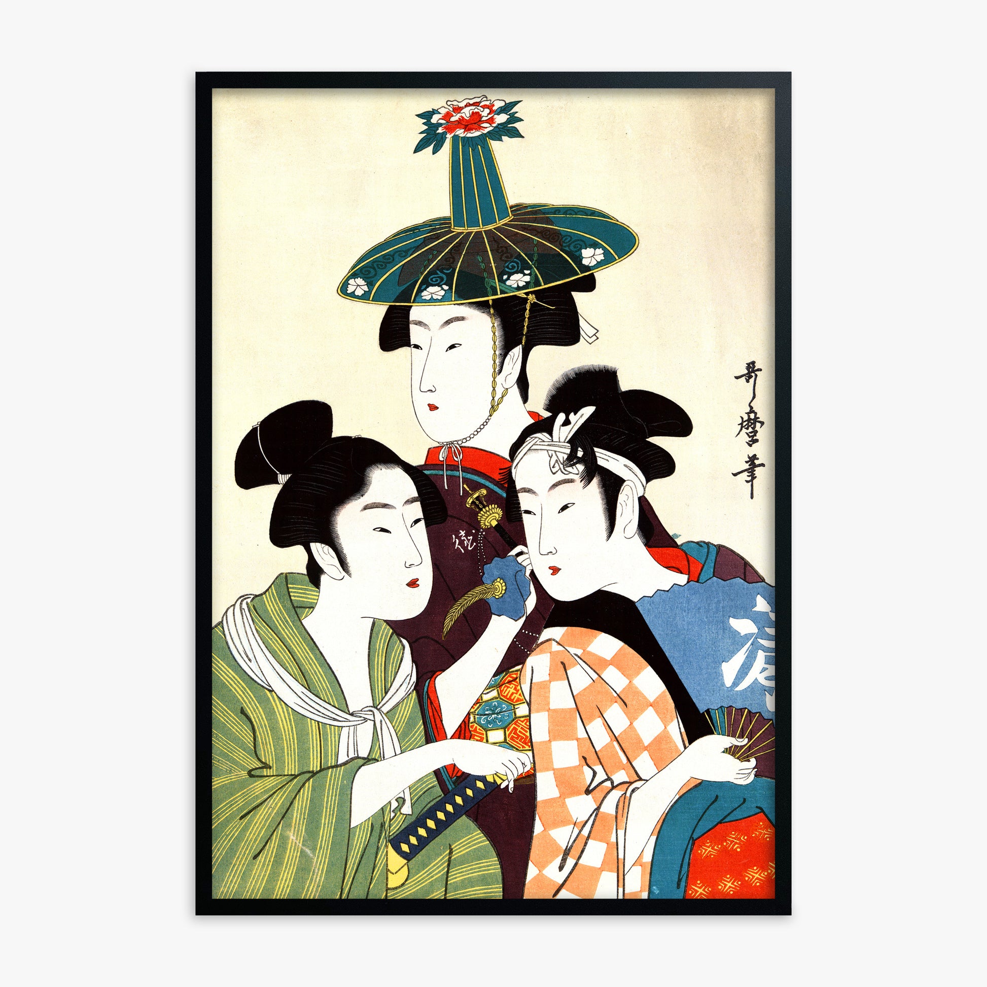 Utamaro Kitagawa: Three Young Men or Women, Black Framed Art Reproduction With Black Frame