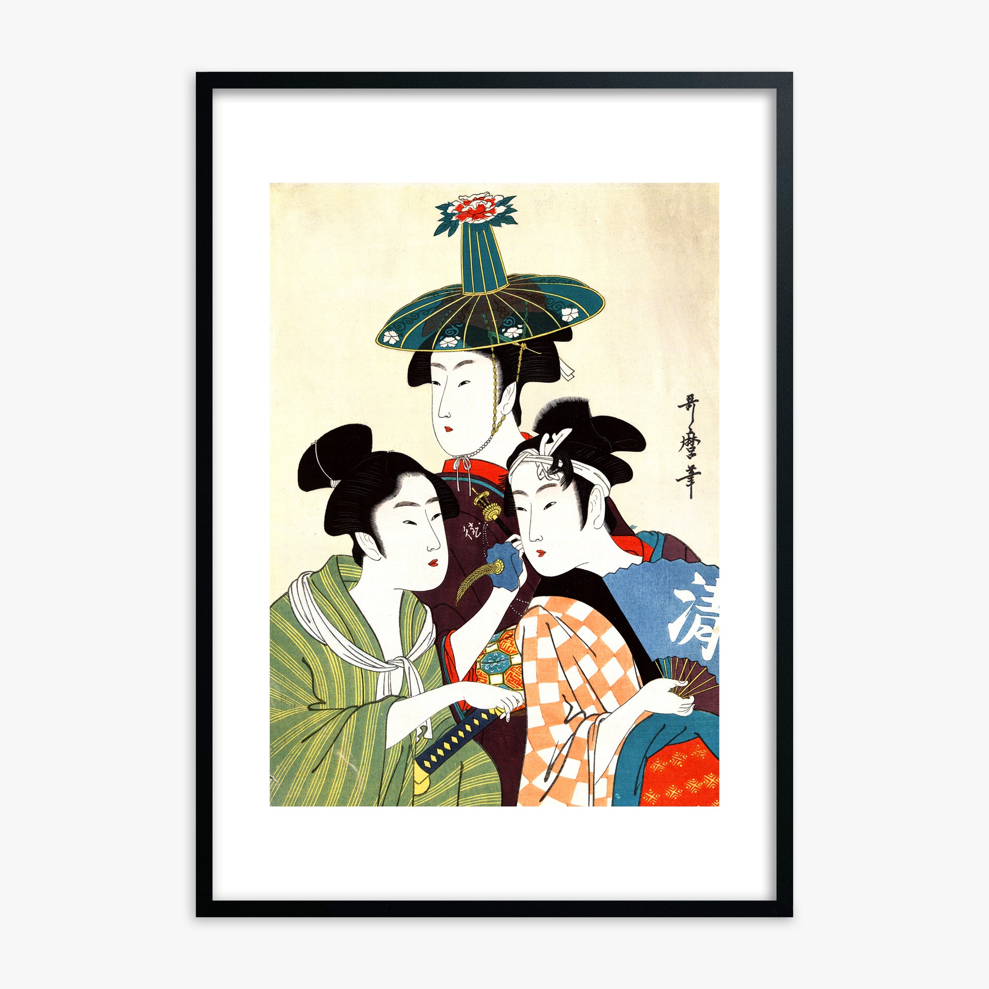 Utamaro Kitagawa: Three Young Men or Women, Black Framed Art Reproduction With Black Frame