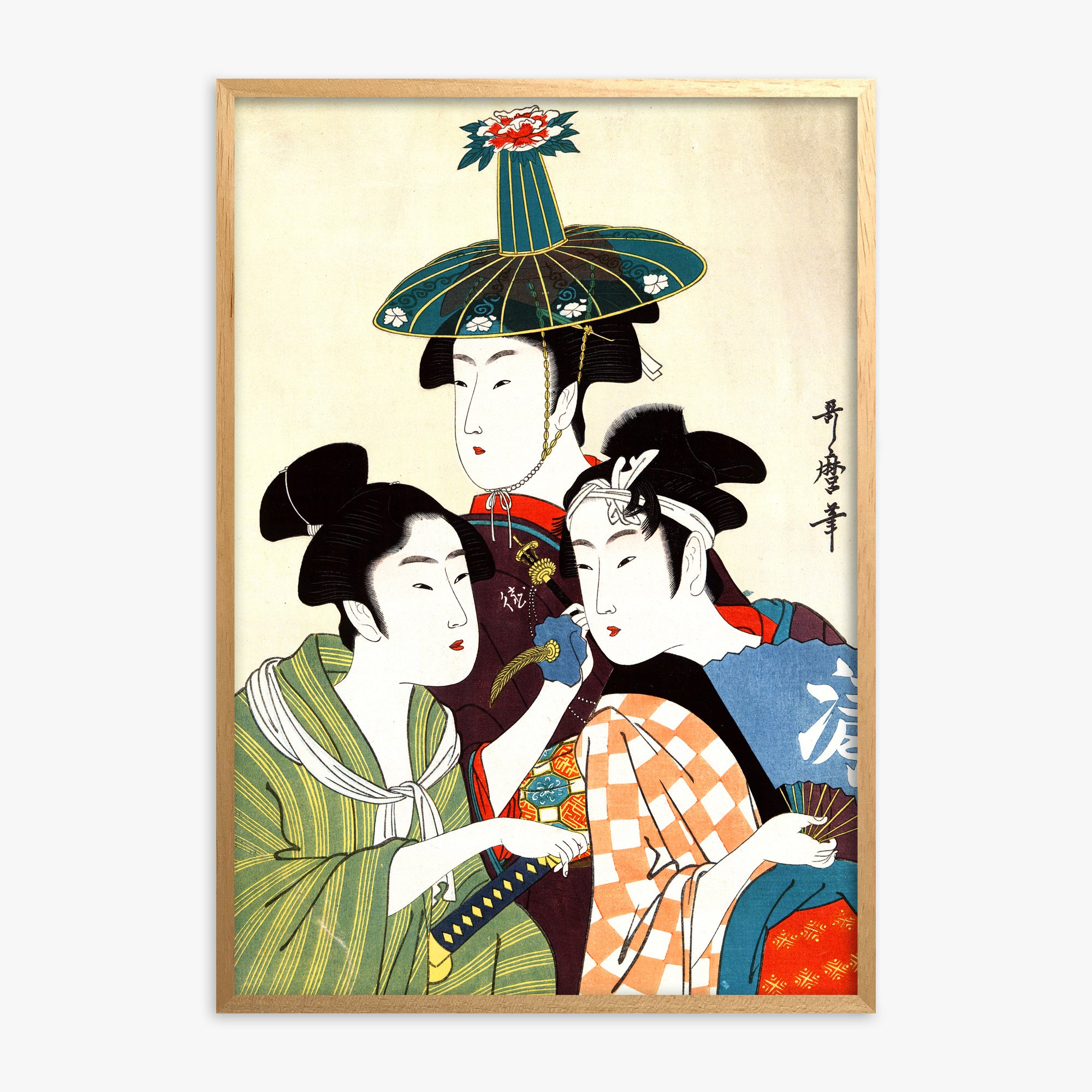 Utamaro Kitagawa: Three Young Men or Women, Oak Framed Art Reproduction With Oak Frame