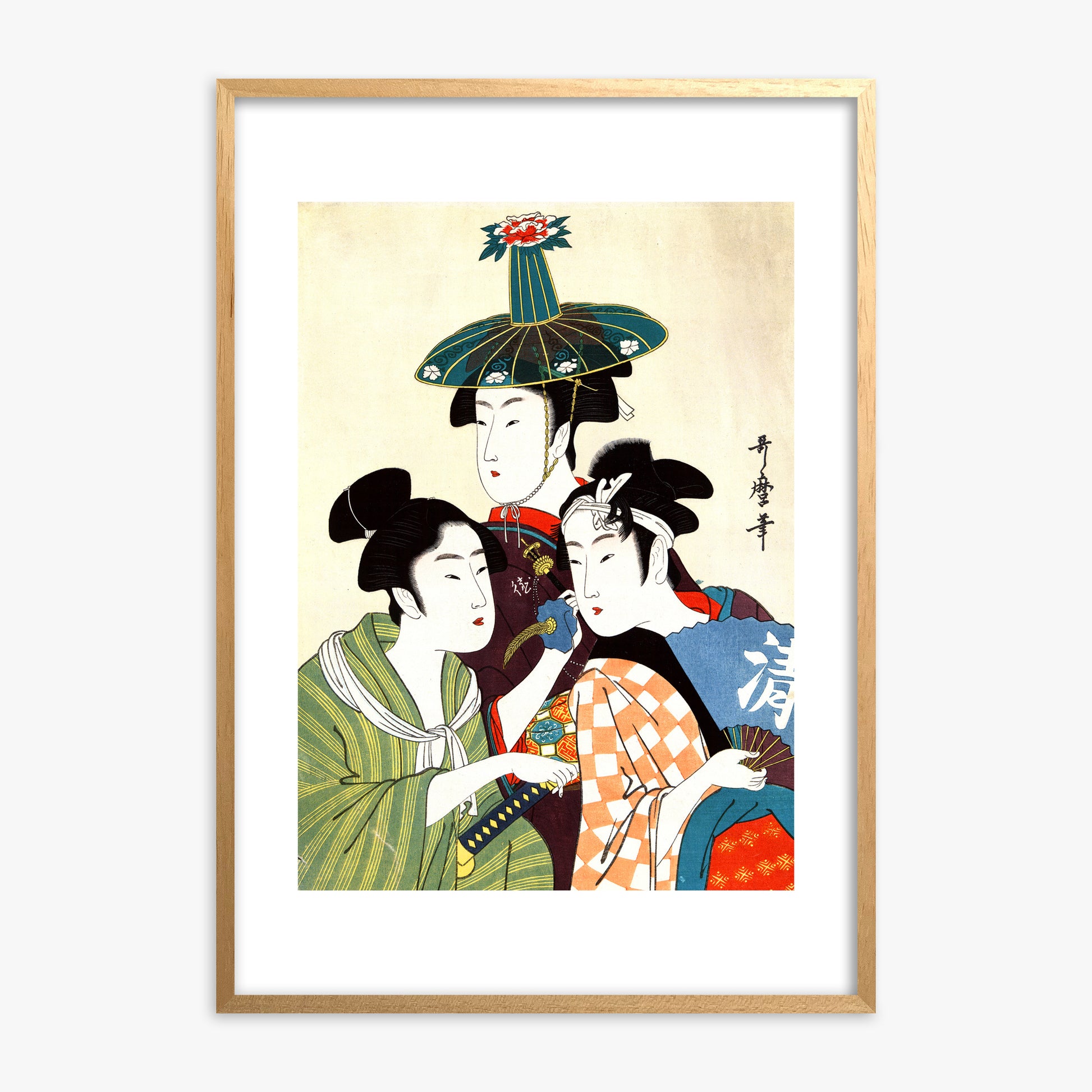 Utamaro Kitagawa: Three Young Men or Women, Oak Framed Art Reproduction With Oak Frame