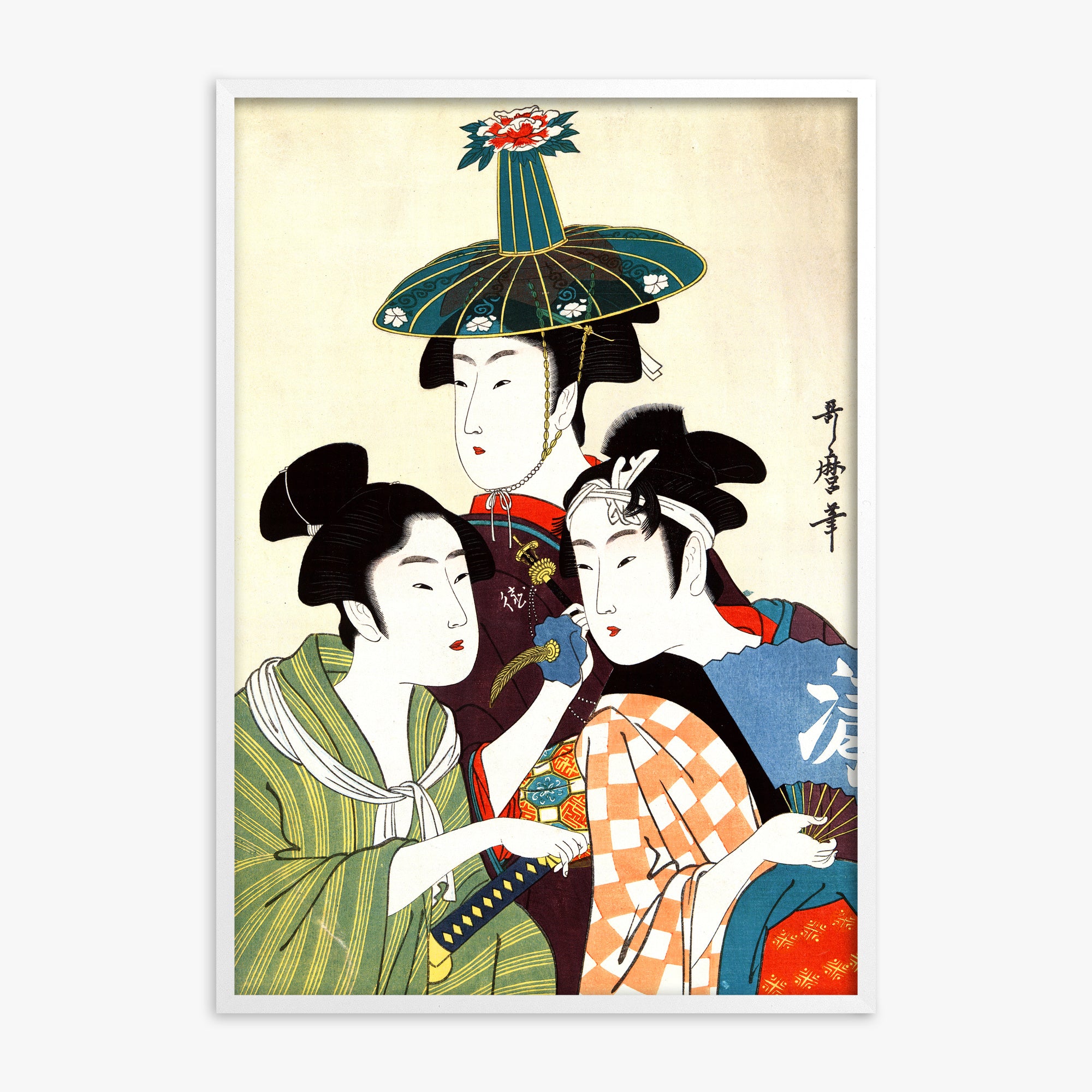 Utamaro Kitagawa: Three Young Men or Women, White Framed Art Reproduction With White Frame