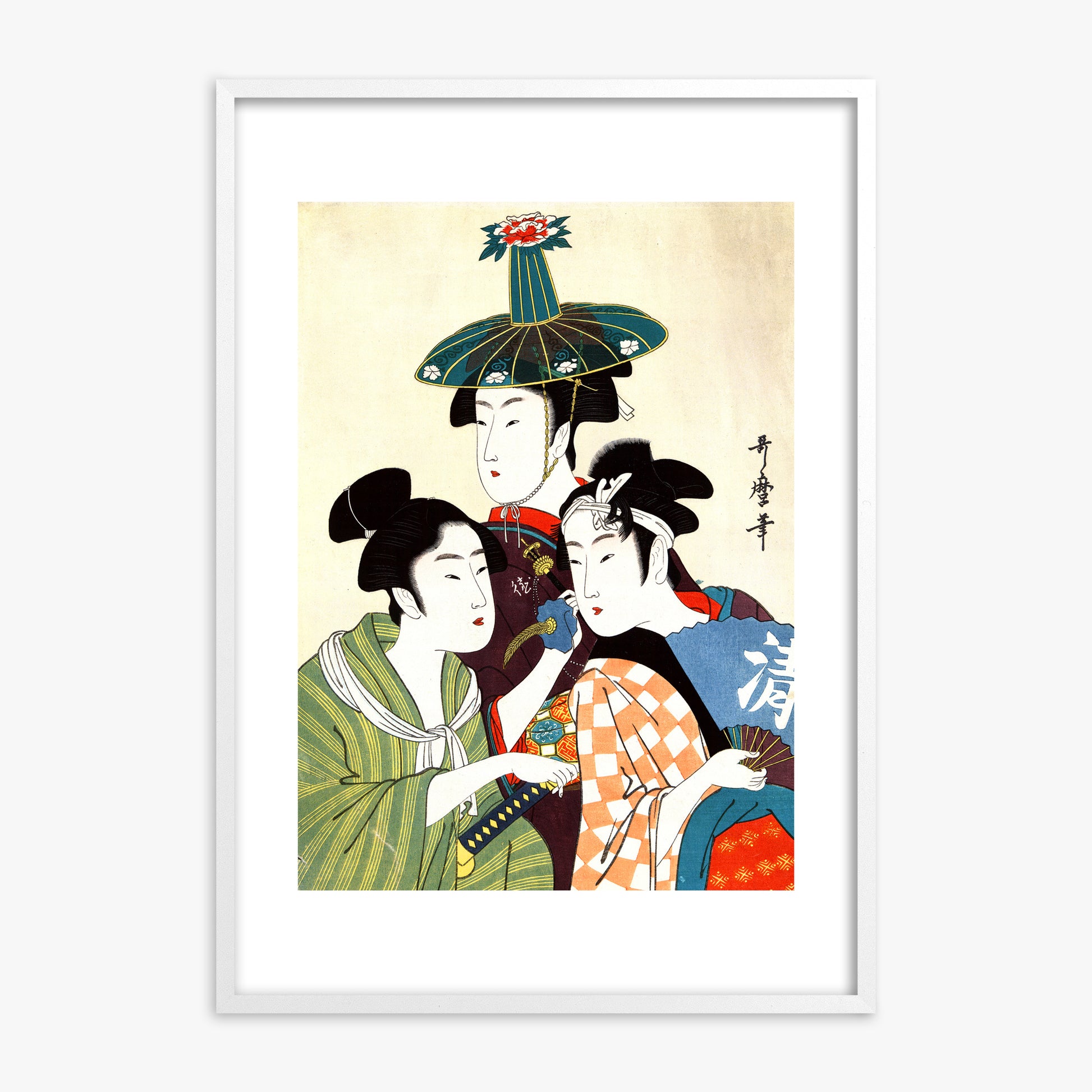 Utamaro Kitagawa: Three Young Men or Women, White Framed Art Reproduction With White Frame