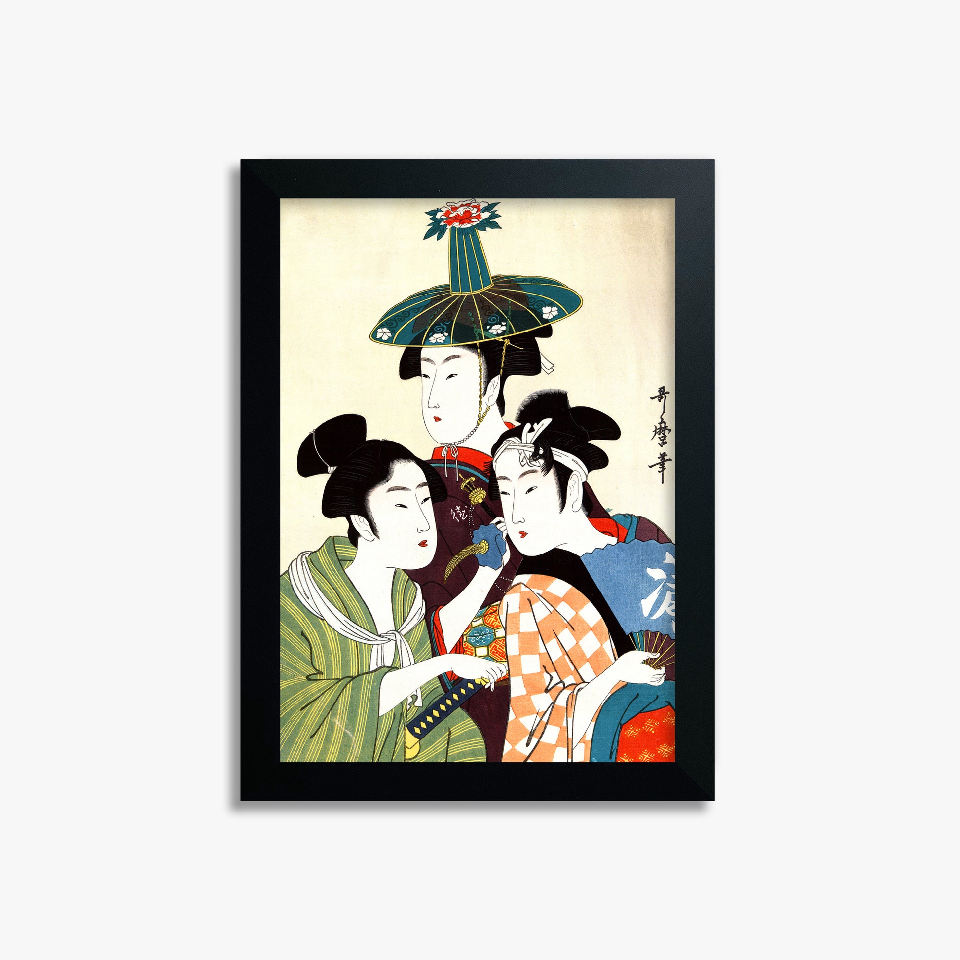 Utamaro Kitagawa: Three Young Men or Women, 21x30cm Framed Art Reproduction With Black Frame