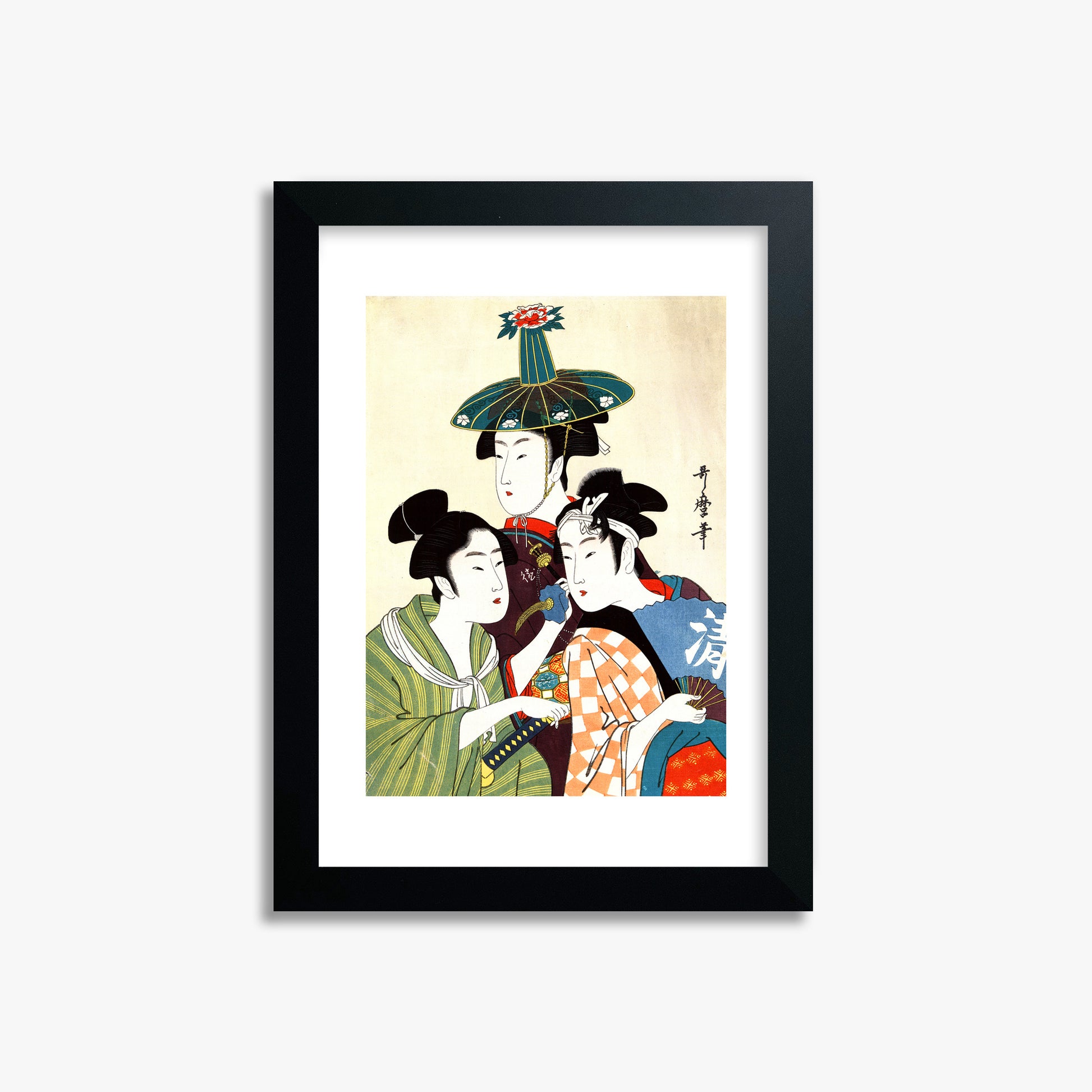 Utamaro Kitagawa: Three Young Men or Women, 21x30cm Framed Art Reproduction With Black Frame