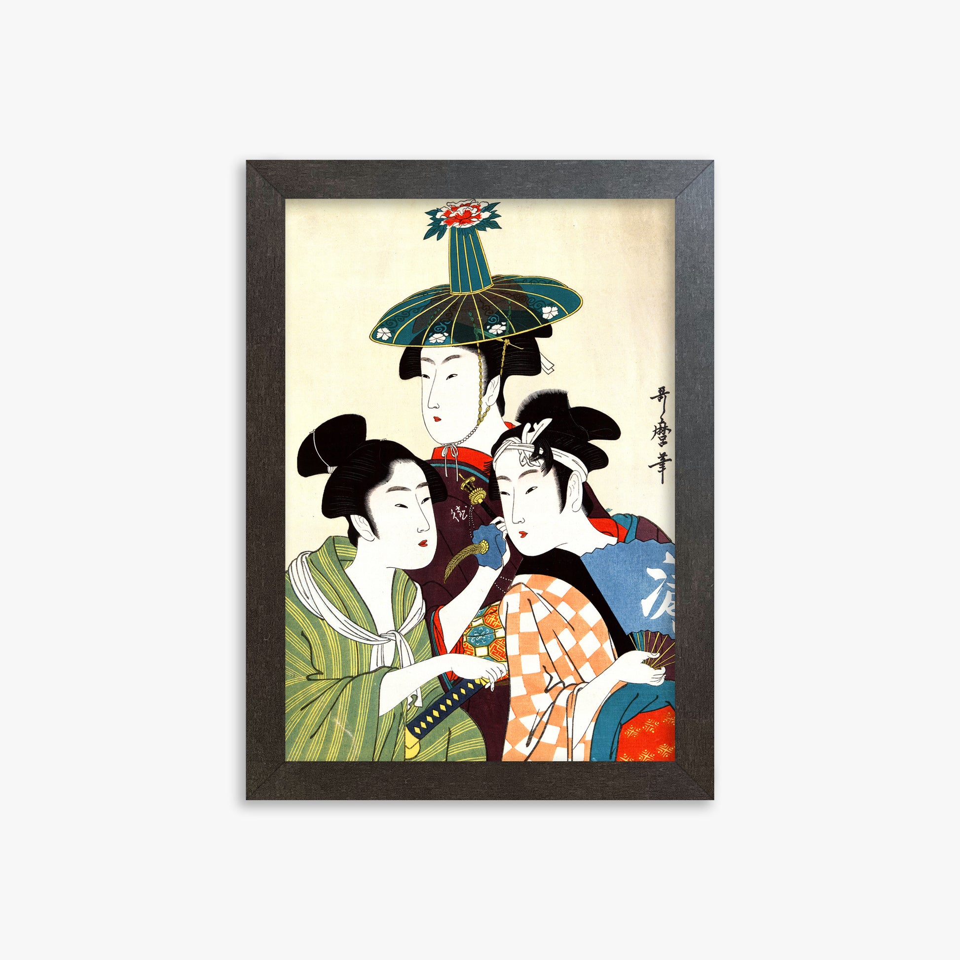 Utamaro Kitagawa: Three Young Men or Women, 21x30cm Framed Art Reproduction With Espresso Frame