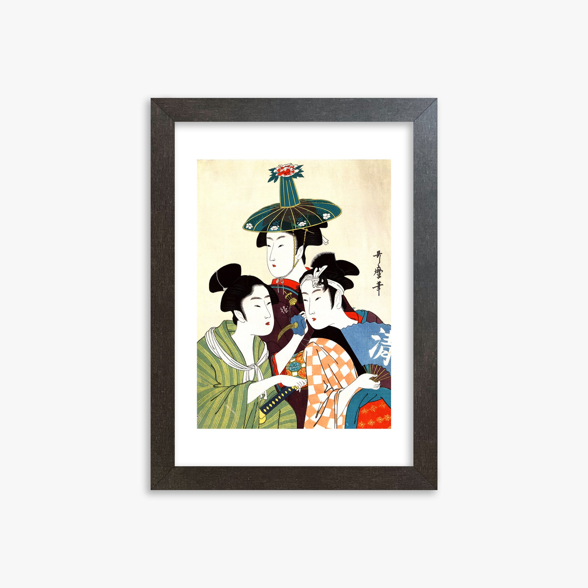 Utamaro Kitagawa: Three Young Men or Women, 21x30cm Framed Art Reproduction With Espresso Frame