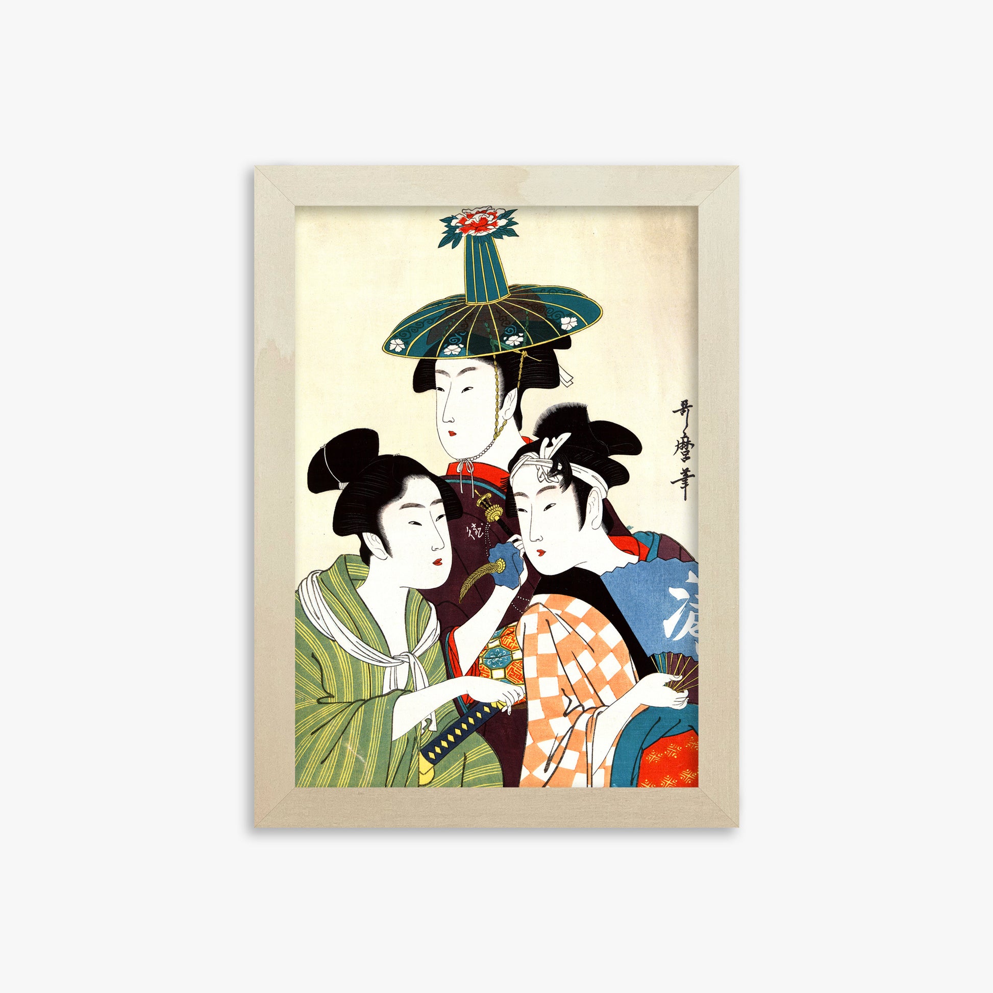 Utamaro Kitagawa: Three Young Men or Women, 21x30cm Framed Art Reproduction With Lime Wood Frame