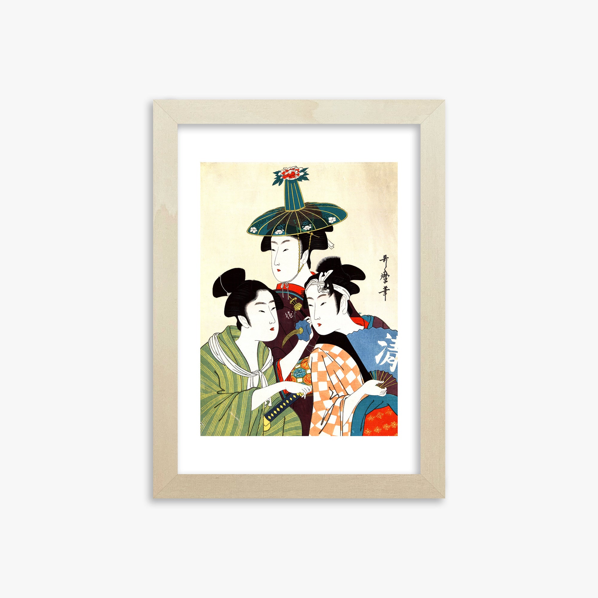 Utamaro Kitagawa: Three Young Men or Women, 21x30cm Framed Art Reproduction With Lime Wood Frame