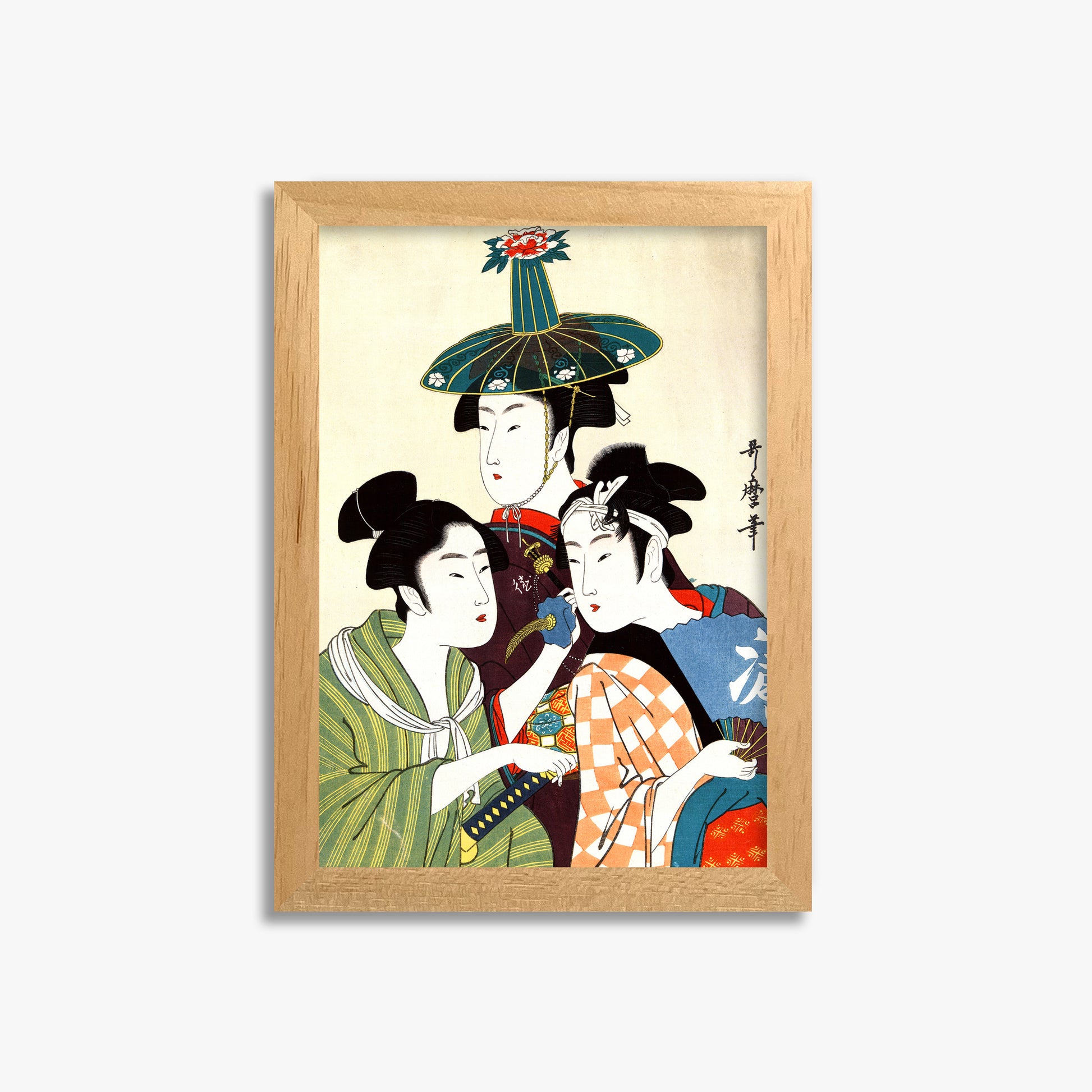 Utamaro Kitagawa: Three Young Men or Women, 21x30cm Framed Art Reproduction With Oak Frame