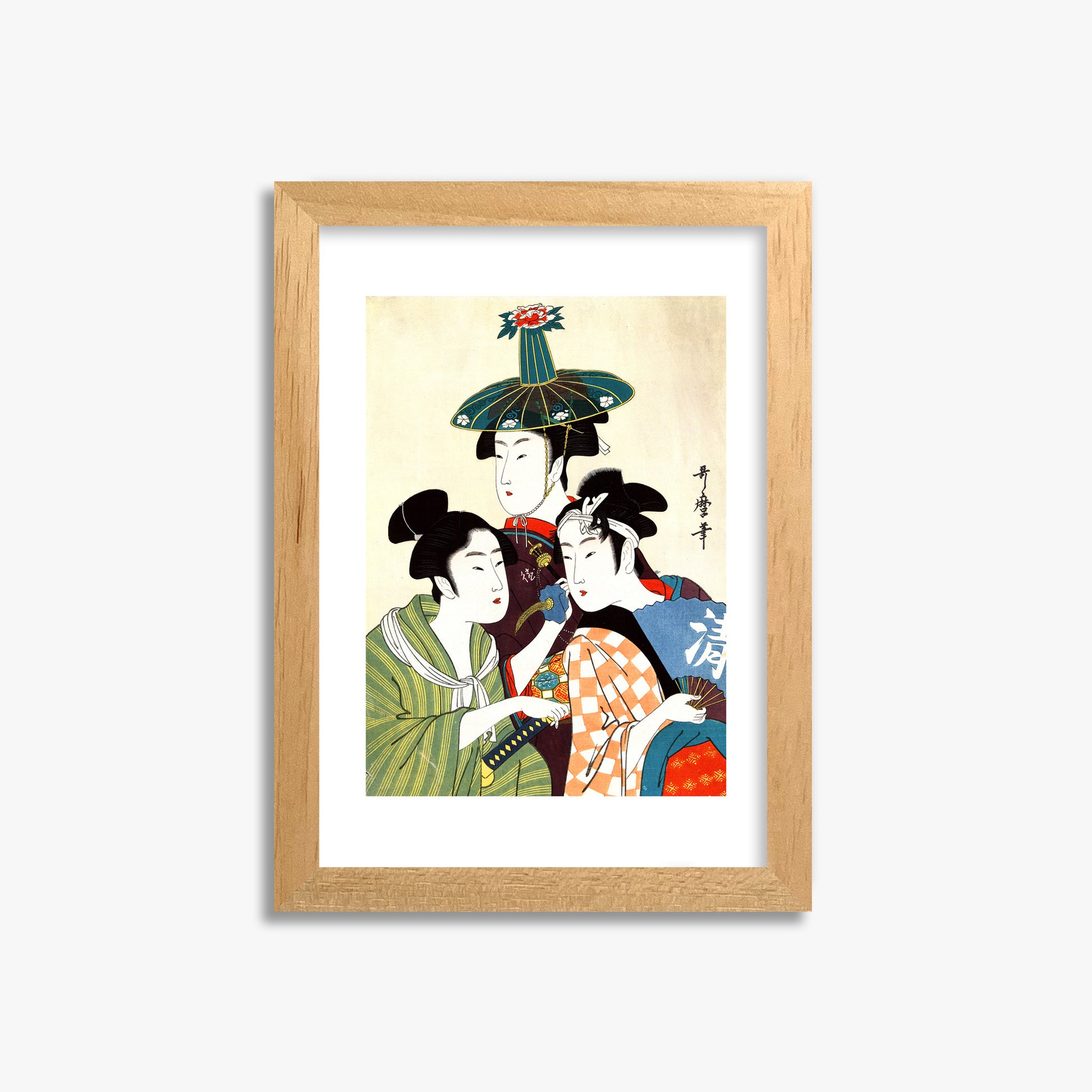 Utamaro Kitagawa: Three Young Men or Women, 21x30cm Framed Art Reproduction With Oak Frame