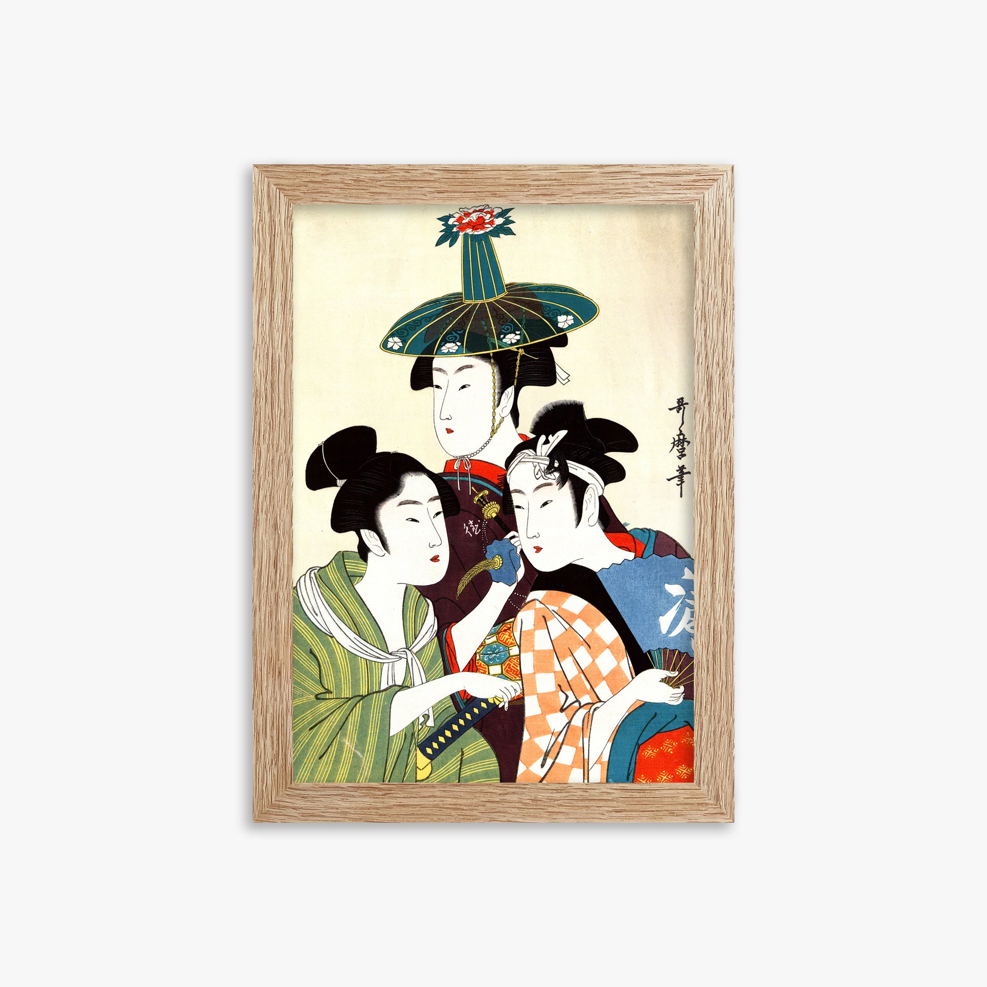 Utamaro Kitagawa: Three Young Men or Women, 21x30cm Framed Art Reproduction With Raw Oak Frame