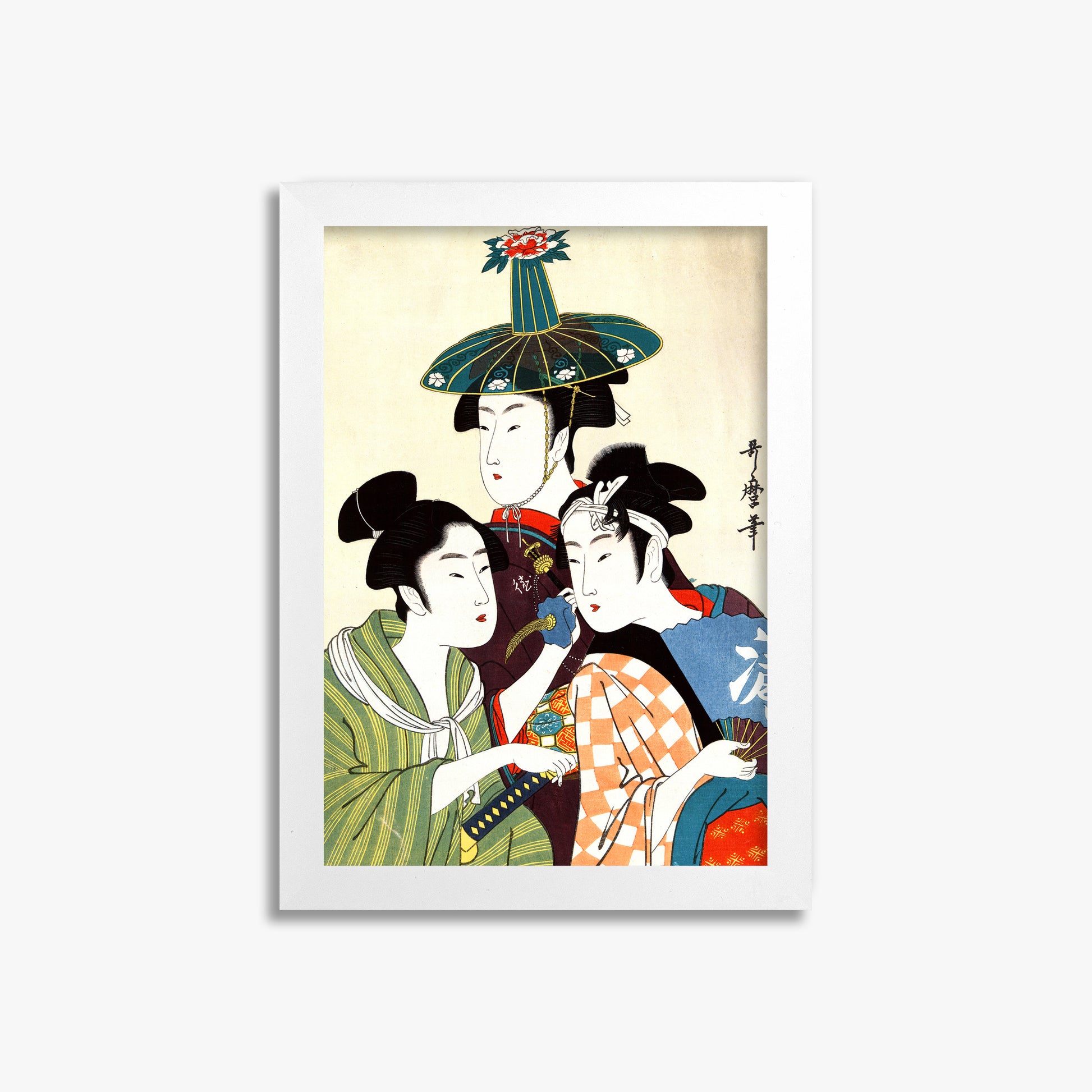 Utamaro Kitagawa: Three Young Men or Women, 21x30cm Framed Art Reproduction With White Frame