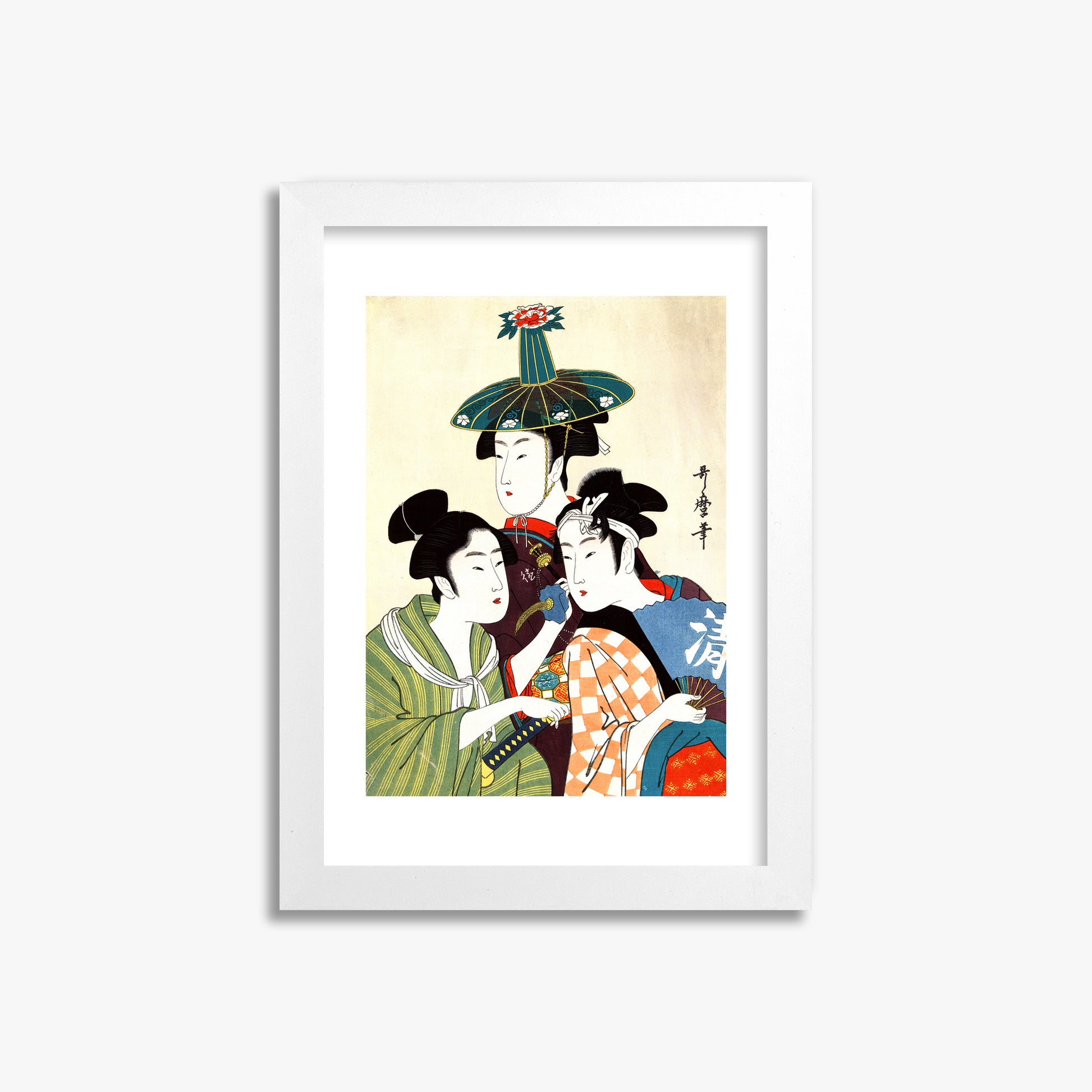 Utamaro Kitagawa: Three Young Men or Women, 21x30cm Framed Art Reproduction With White Frame