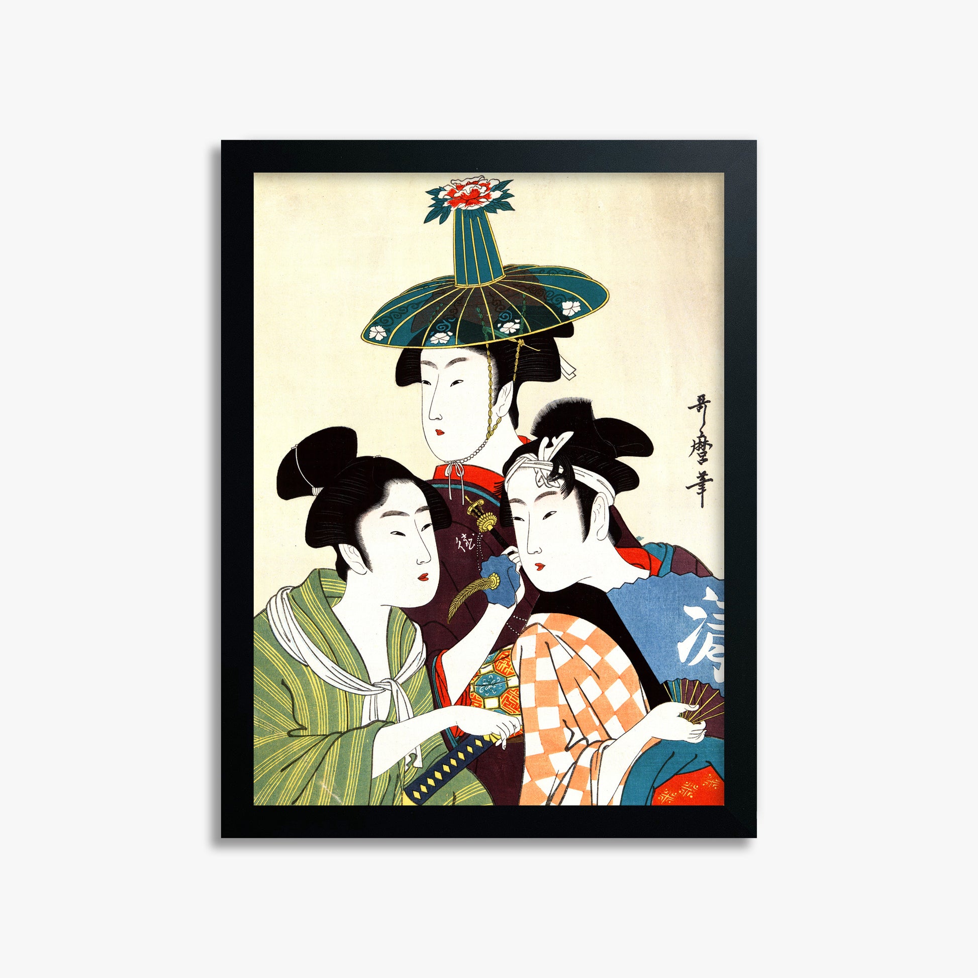 Utamaro Kitagawa: Three Young Men or Women, 30x40cm Framed Art Reproduction With Black Frame