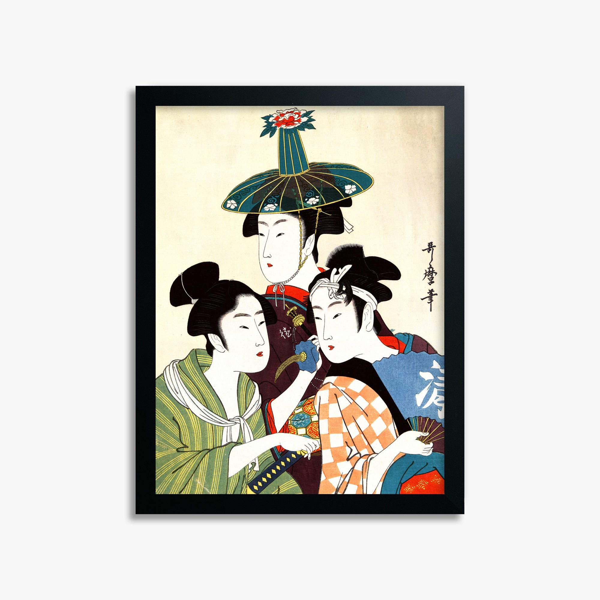 Utamaro Kitagawa: Three Young Men or Women, 30x40cm Framed Art Reproduction With Black Frame