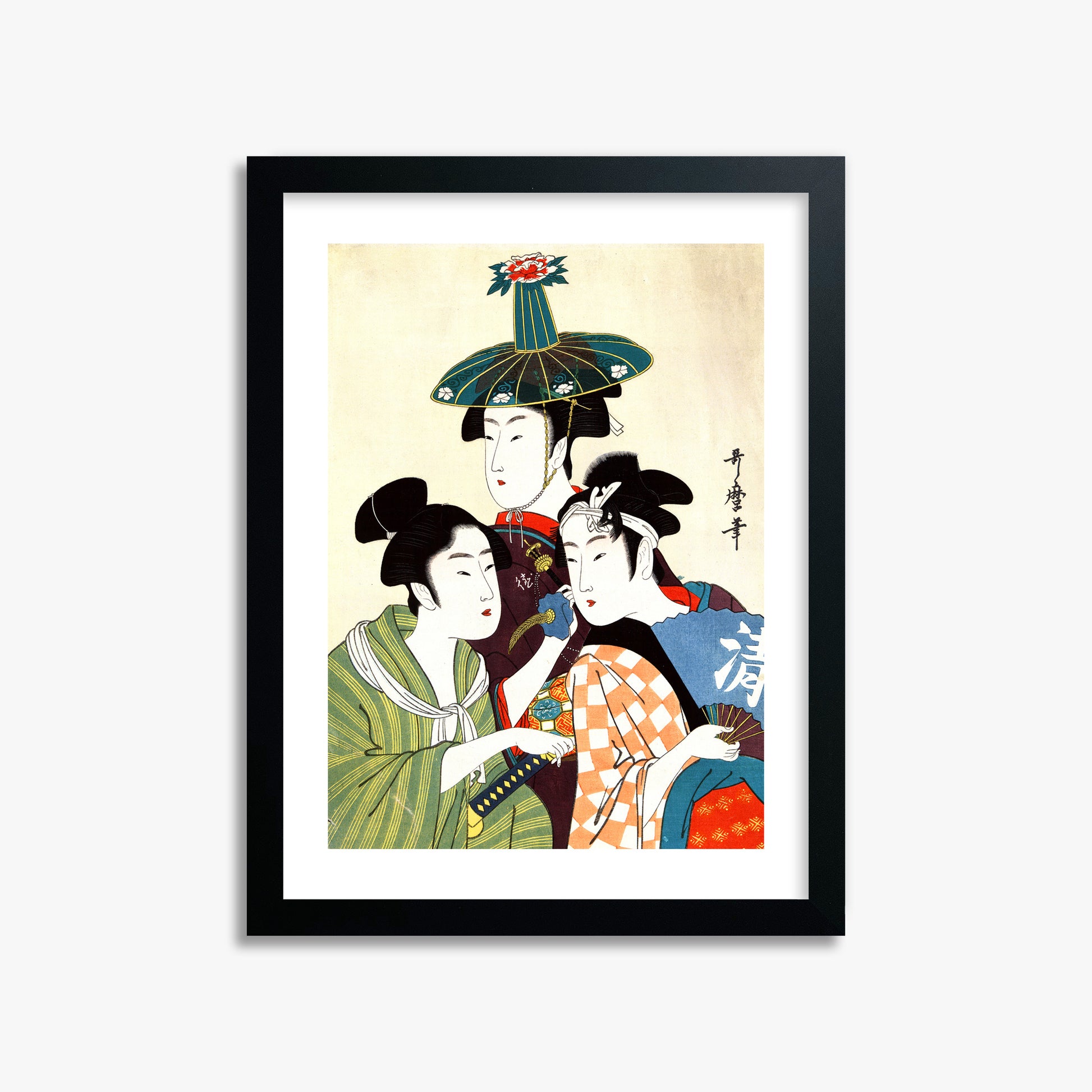 Utamaro Kitagawa: Three Young Men or Women, 30x40cm Framed Art Reproduction With Black Frame