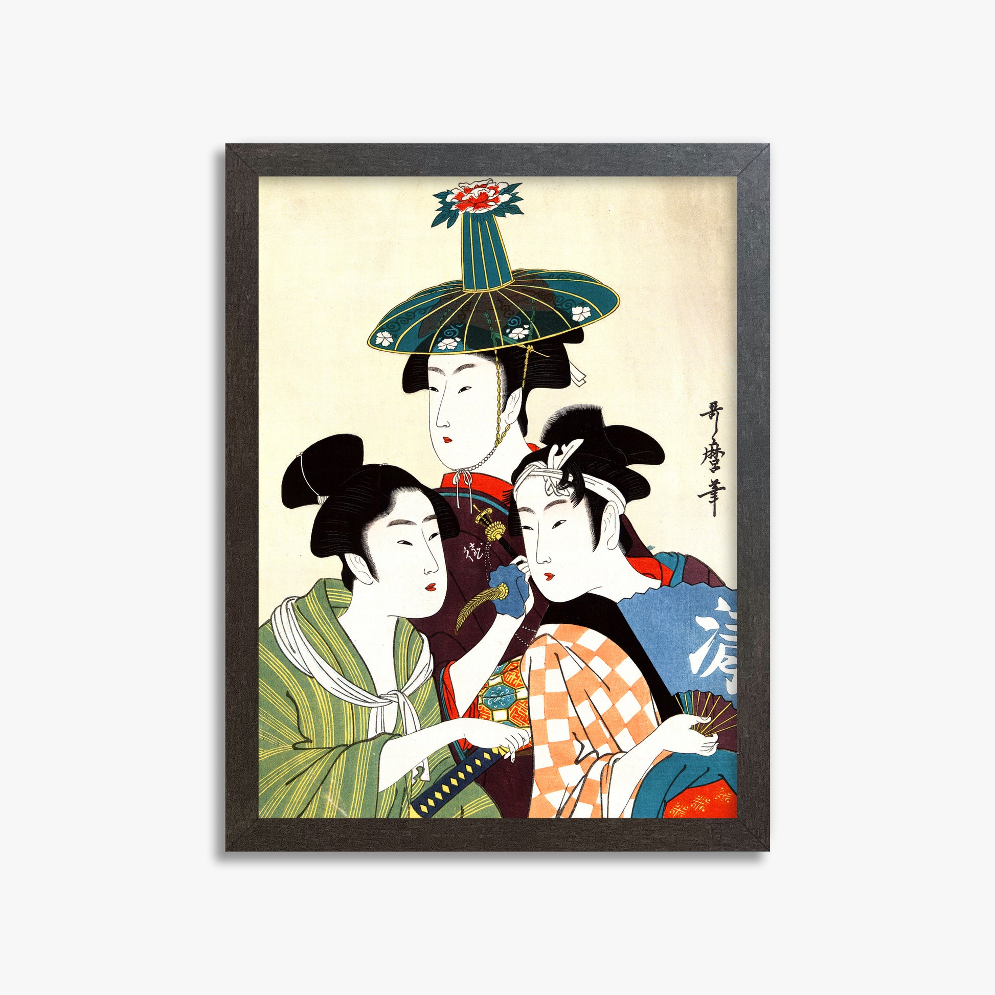 Utamaro Kitagawa: Three Young Men or Women, 30x40cm Framed Art Reproduction With Espresso Frame