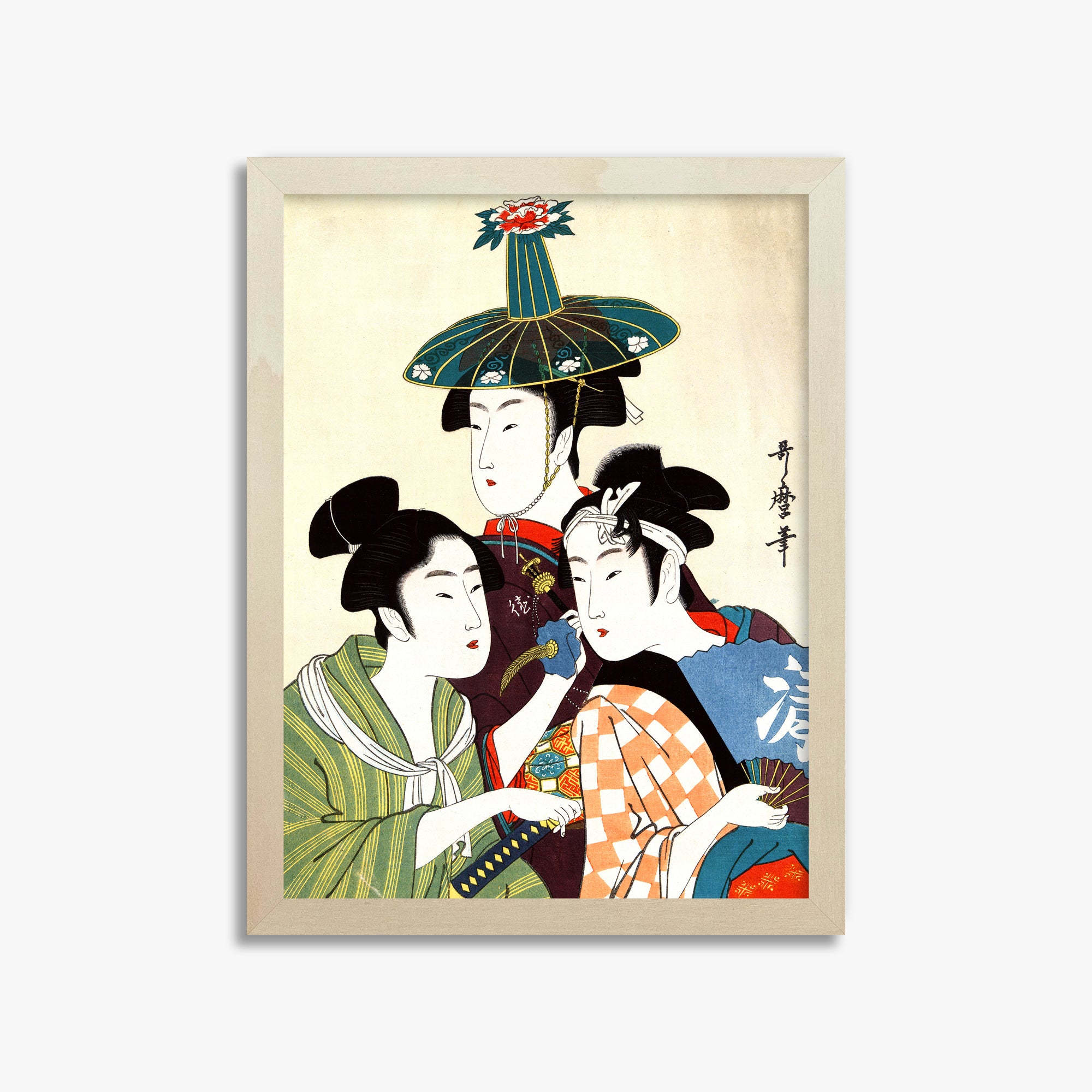 Utamaro Kitagawa: Three Young Men or Women, 30x40cm Framed Art Reproduction With Lime Wood Frame