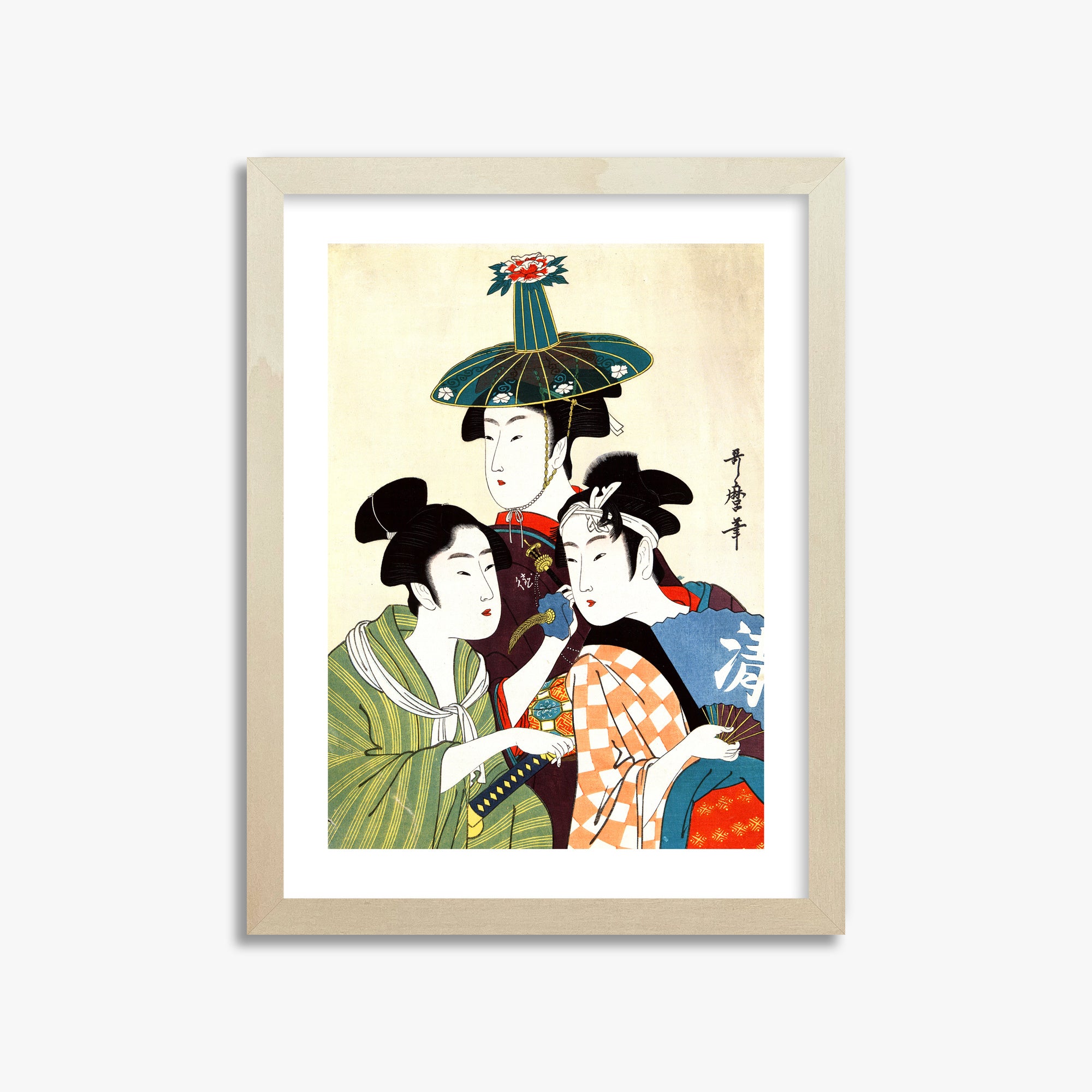 Utamaro Kitagawa: Three Young Men or Women, 30x40cm Framed Art Reproduction With Lime Wood Frame