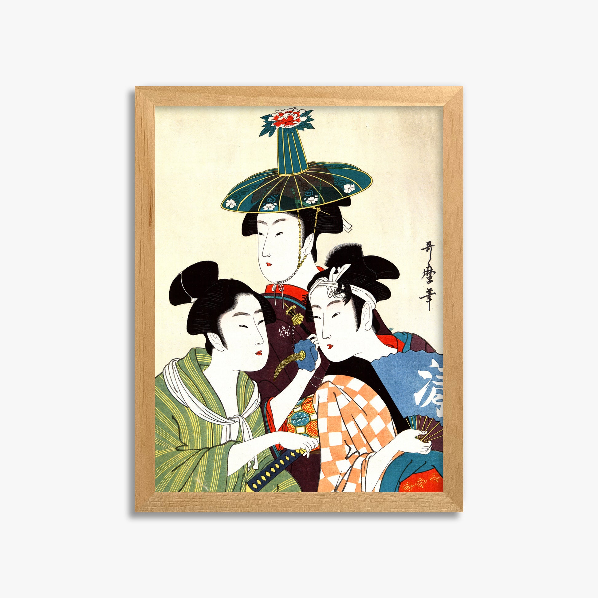 Utamaro Kitagawa: Three Young Men or Women, 30x40cm Framed Art Reproduction With Oak Frame