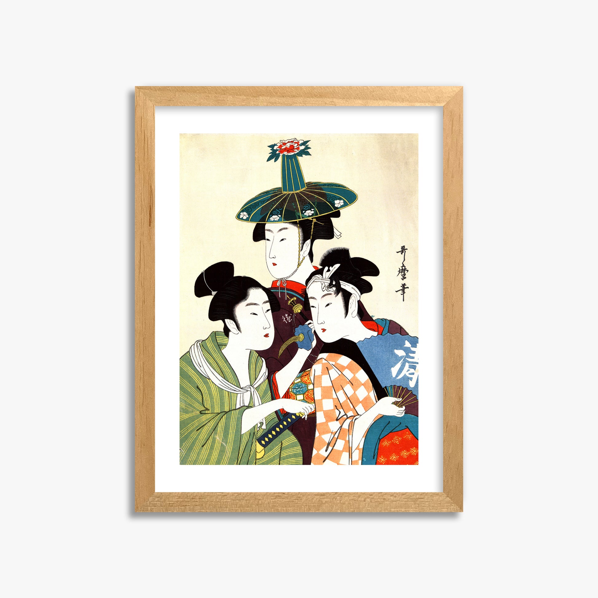 Utamaro Kitagawa: Three Young Men or Women, 30x40cm Framed Art Reproduction With Oak Frame