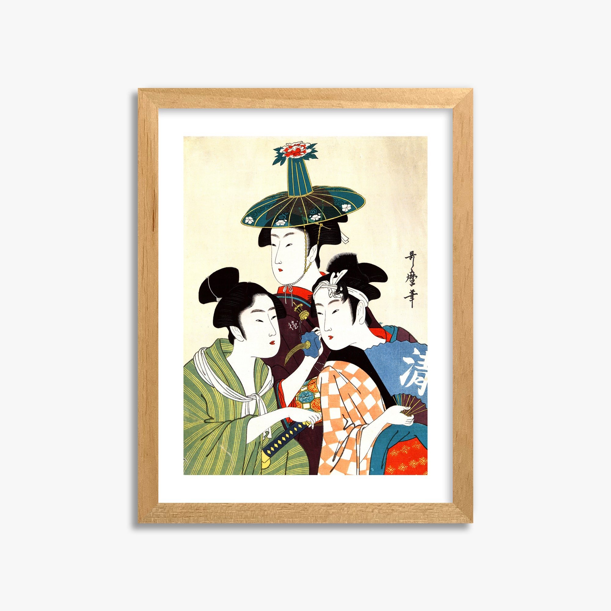 Utamaro Kitagawa: Three Young Men or Women, 30x40cm Framed Art Reproduction With Oak Frame