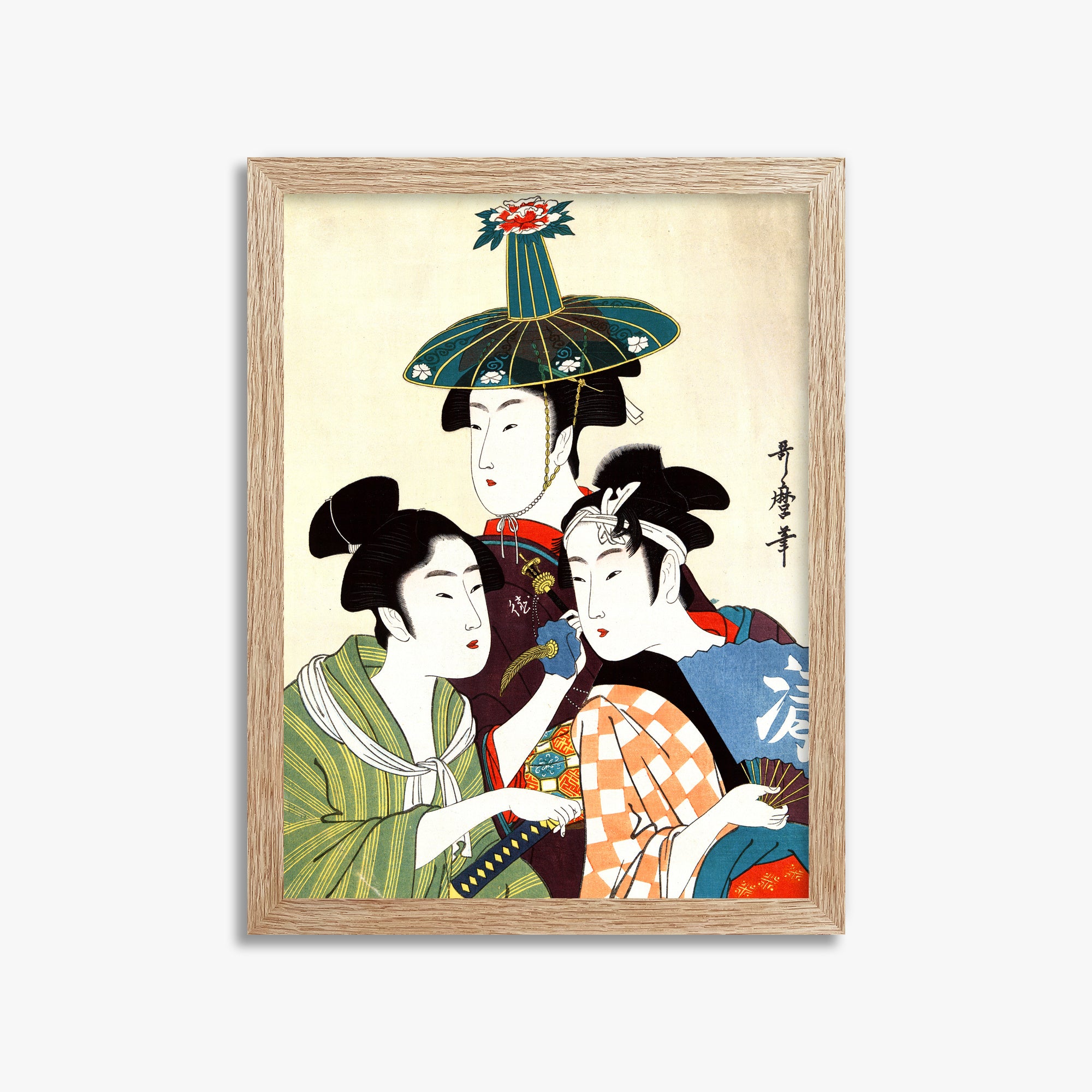 Utamaro Kitagawa: Three Young Men or Women, 30x40cm Framed Art Reproduction With Raw Oak Frame