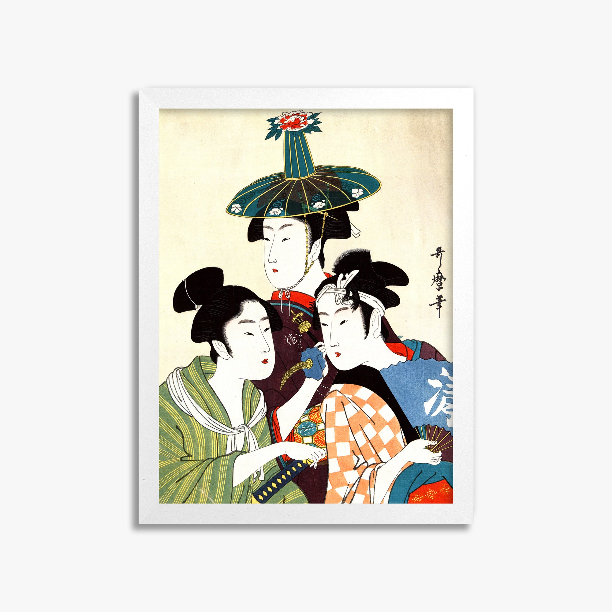 Utamaro Kitagawa: Three Young Men or Women, 30x40cm Framed Art Reproduction With White Frame