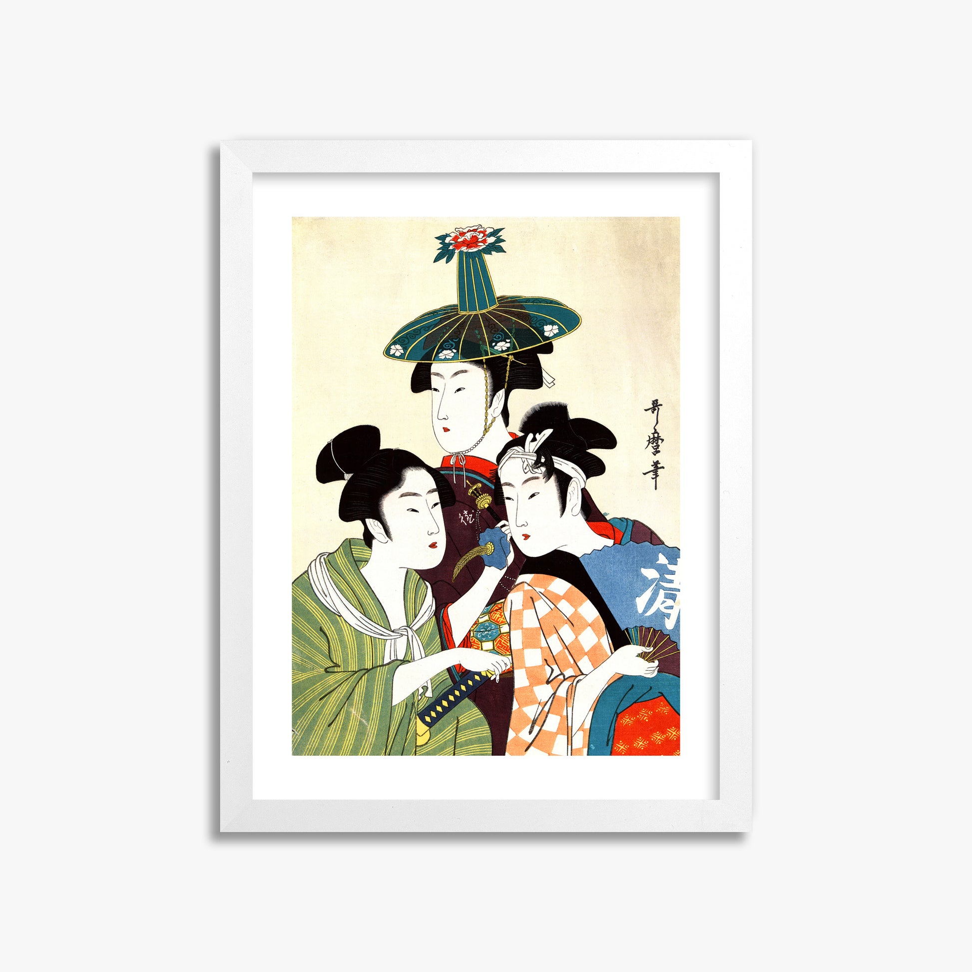 Utamaro Kitagawa: Three Young Men or Women, 30x40cm Framed Art Reproduction With White Frame
