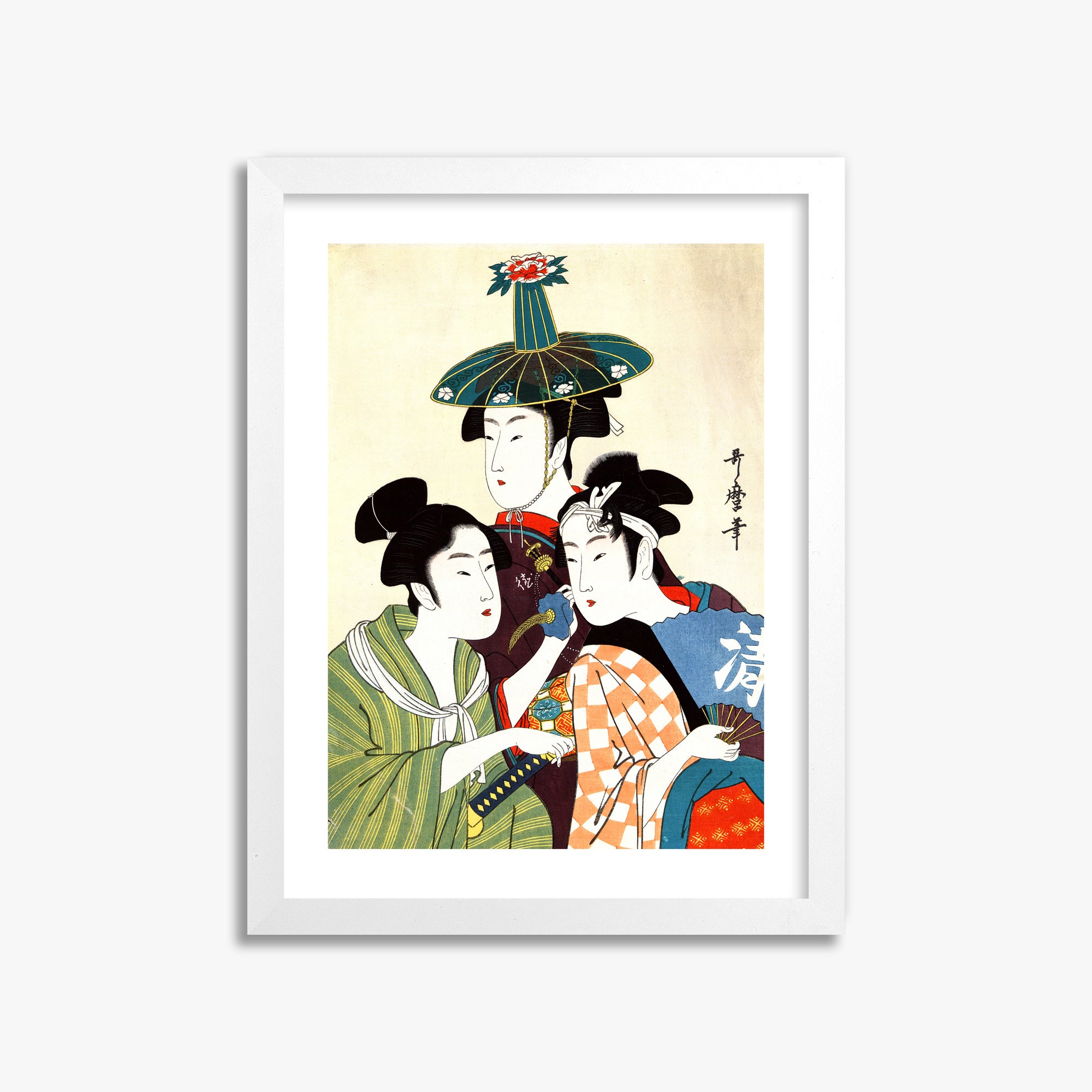 Utamaro Kitagawa: Three Young Men or Women, 30x40cm Framed Art Reproduction With White Frame