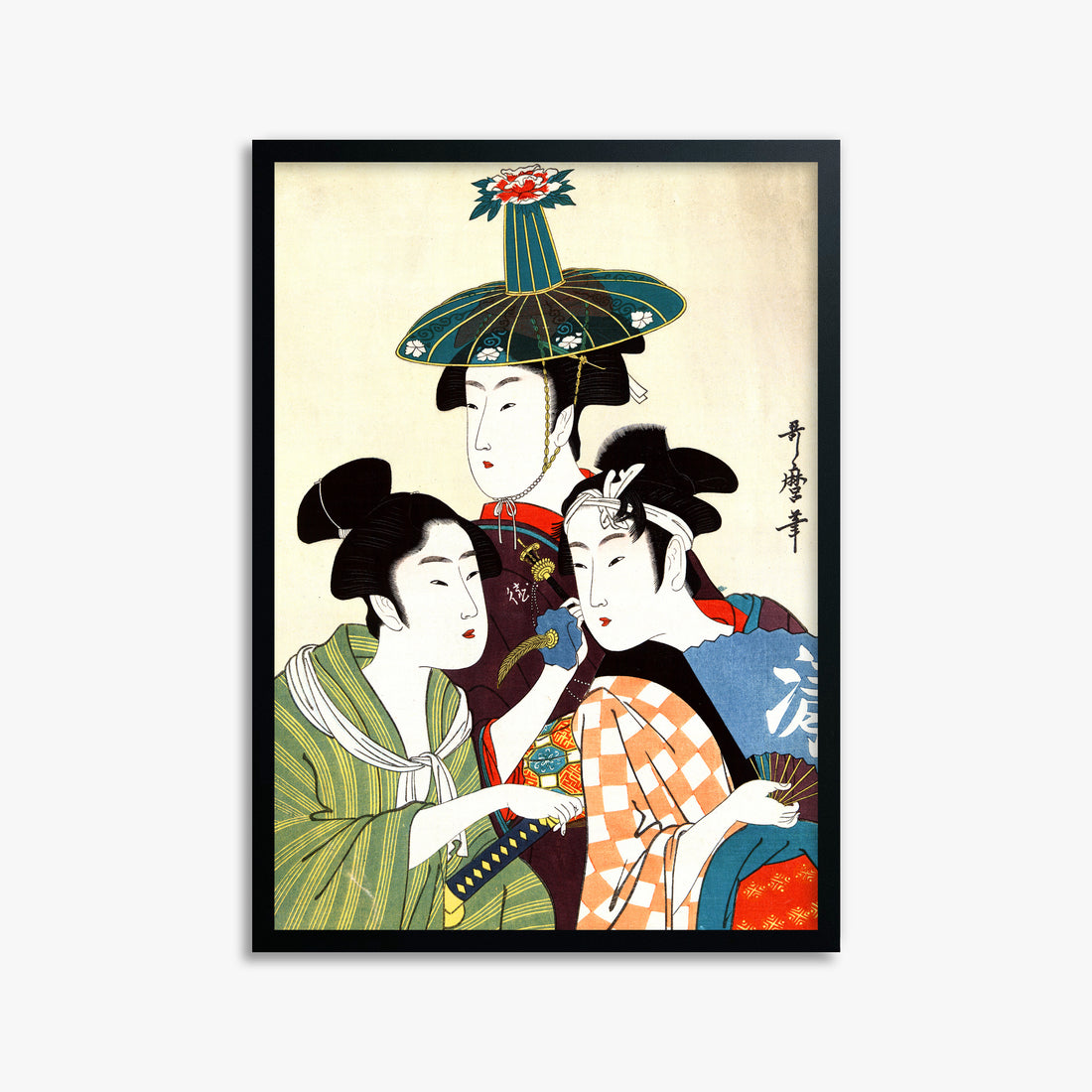 Utamaro Kitagawa: Three Young Men or Women, 50x70cm Framed Art Reproduction With Black Frame