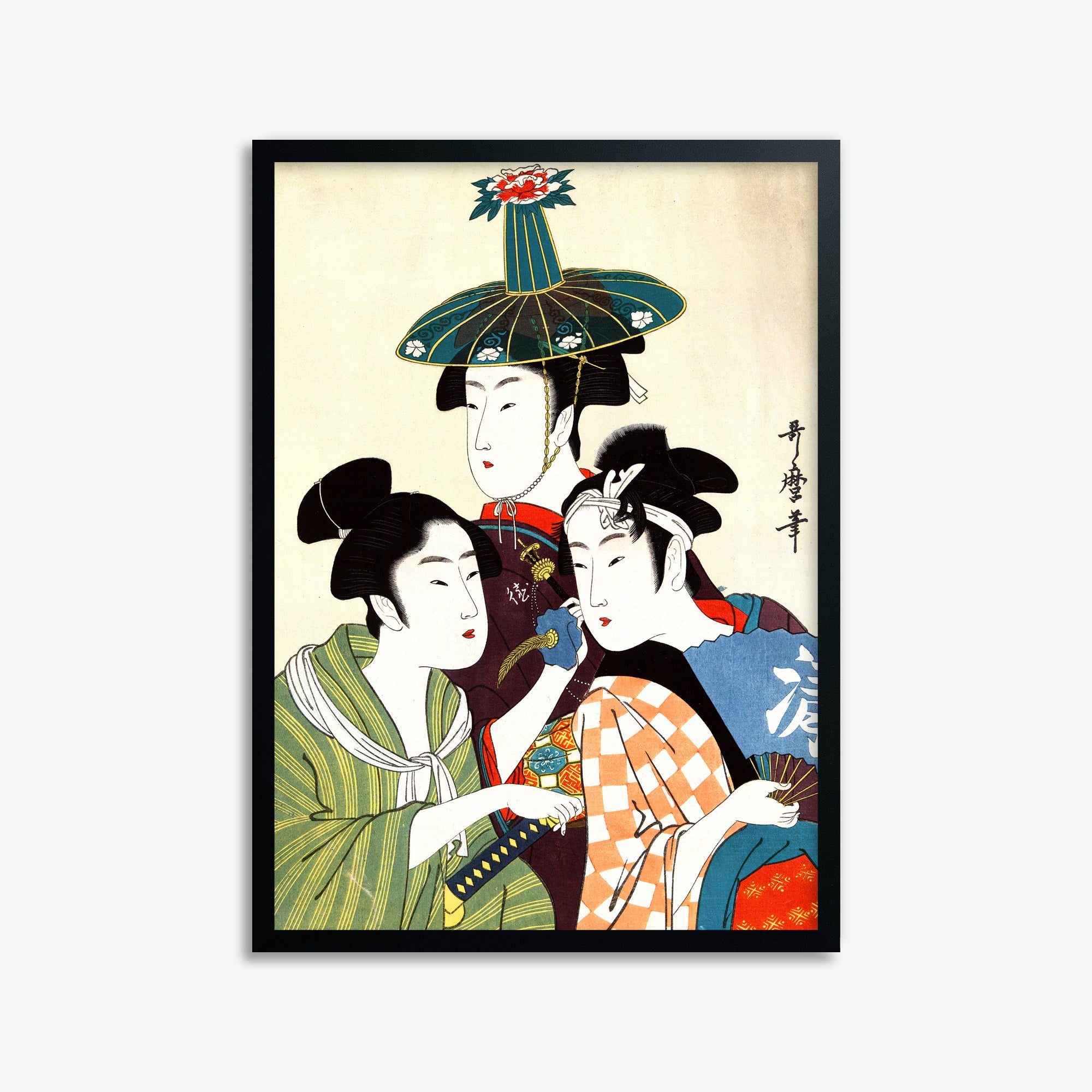 Utamaro Kitagawa: Three Young Men or Women, 50x70cm Framed Art Reproduction With Black Frame