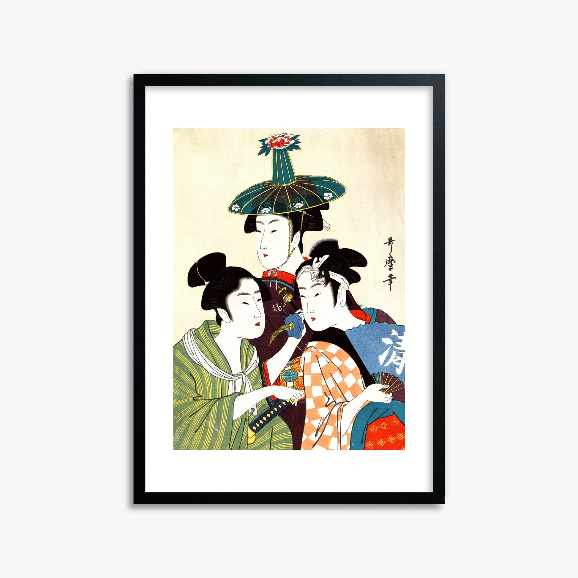 Utamaro Kitagawa: Three Young Men or Women, 50x70cm Framed Art Reproduction With Black Frame