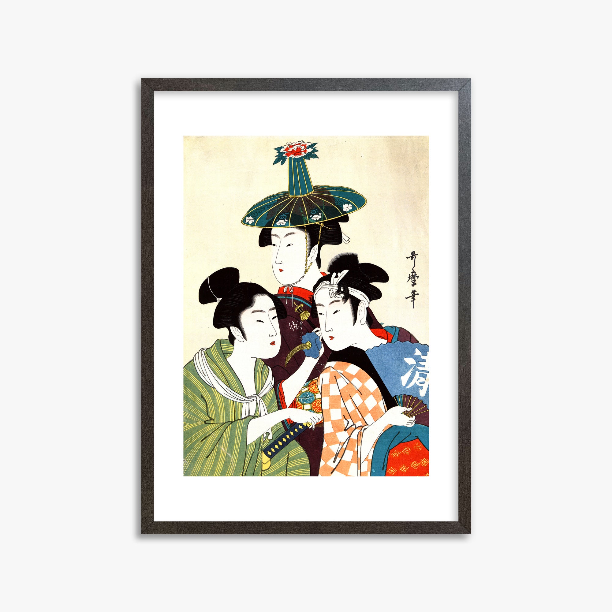 Utamaro Kitagawa: Three Young Men or Women, 50x70cm Framed Art Reproduction With Espresso Frame