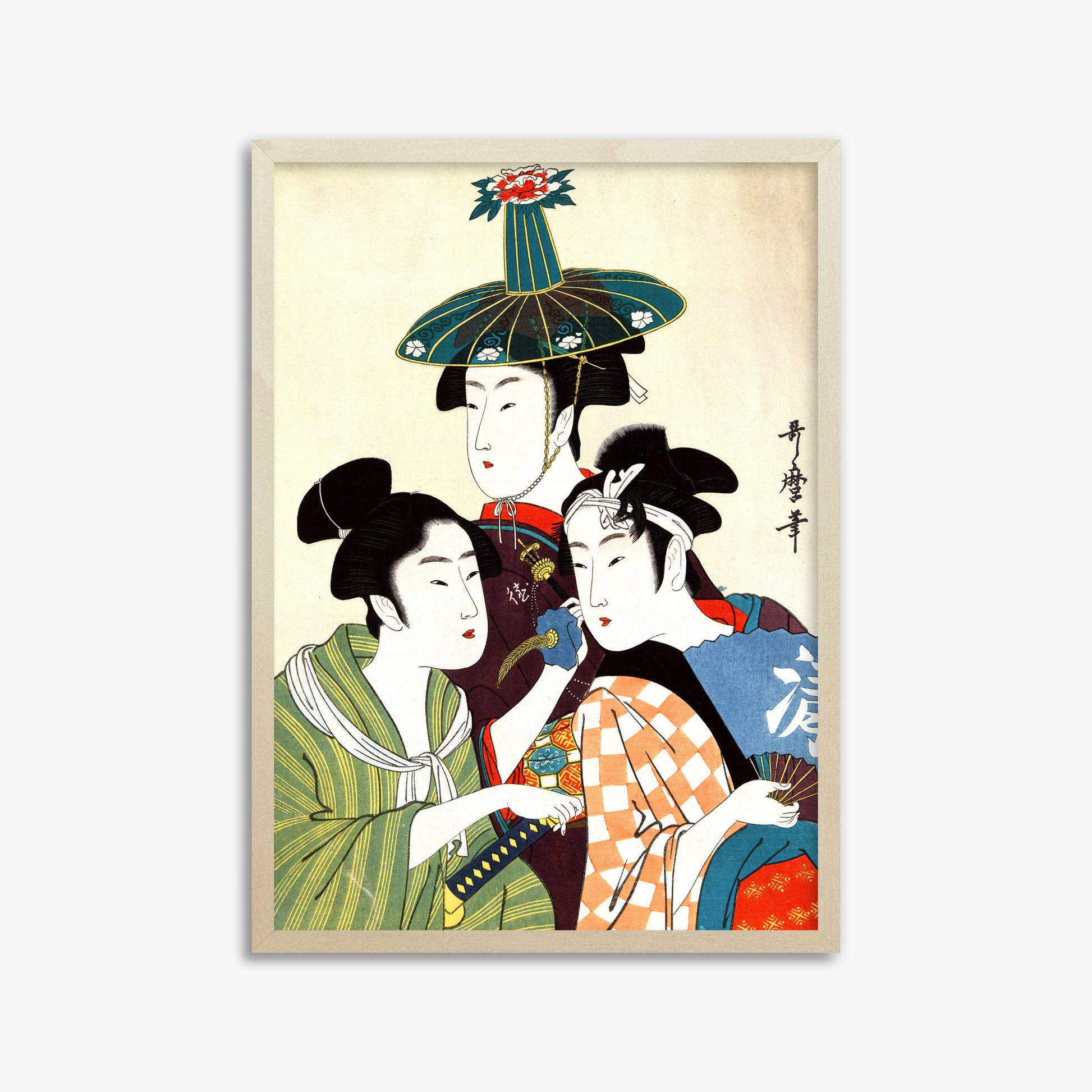 Utamaro Kitagawa: Three Young Men or Women, 50x70cm Framed Art Reproduction With Lime Wood Frame