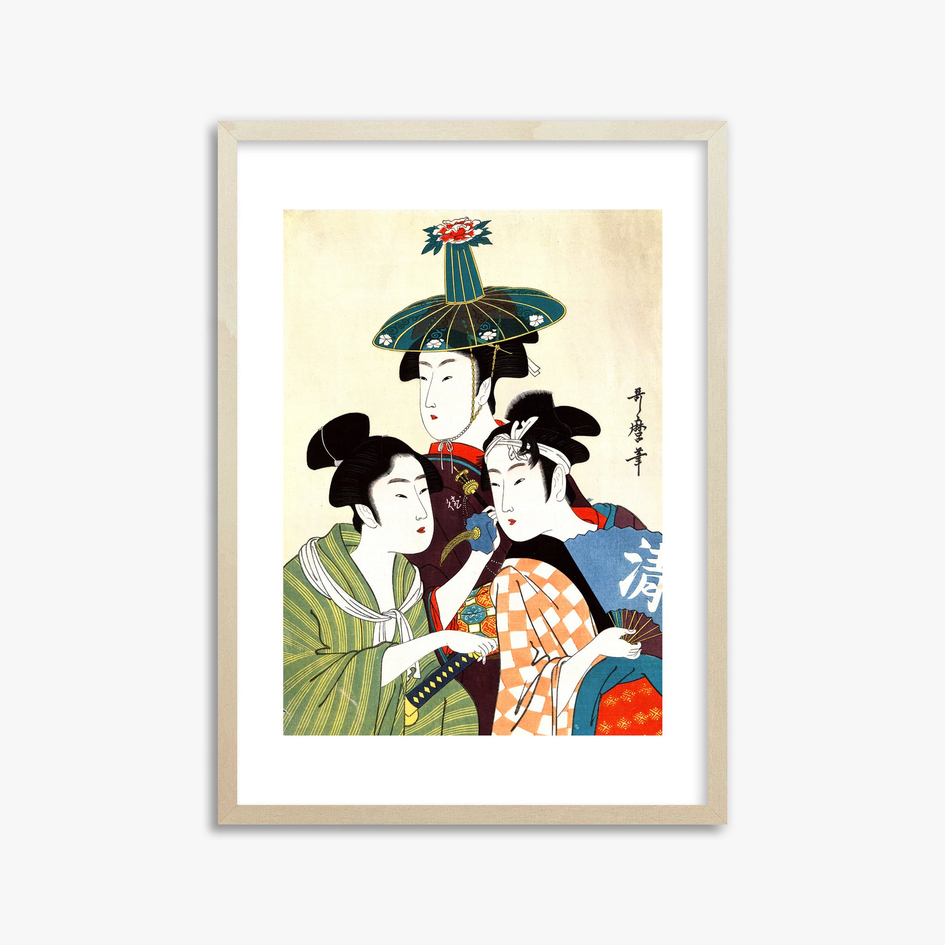Utamaro Kitagawa: Three Young Men or Women, 50x70cm Framed Art Reproduction With Lime Wood Frame