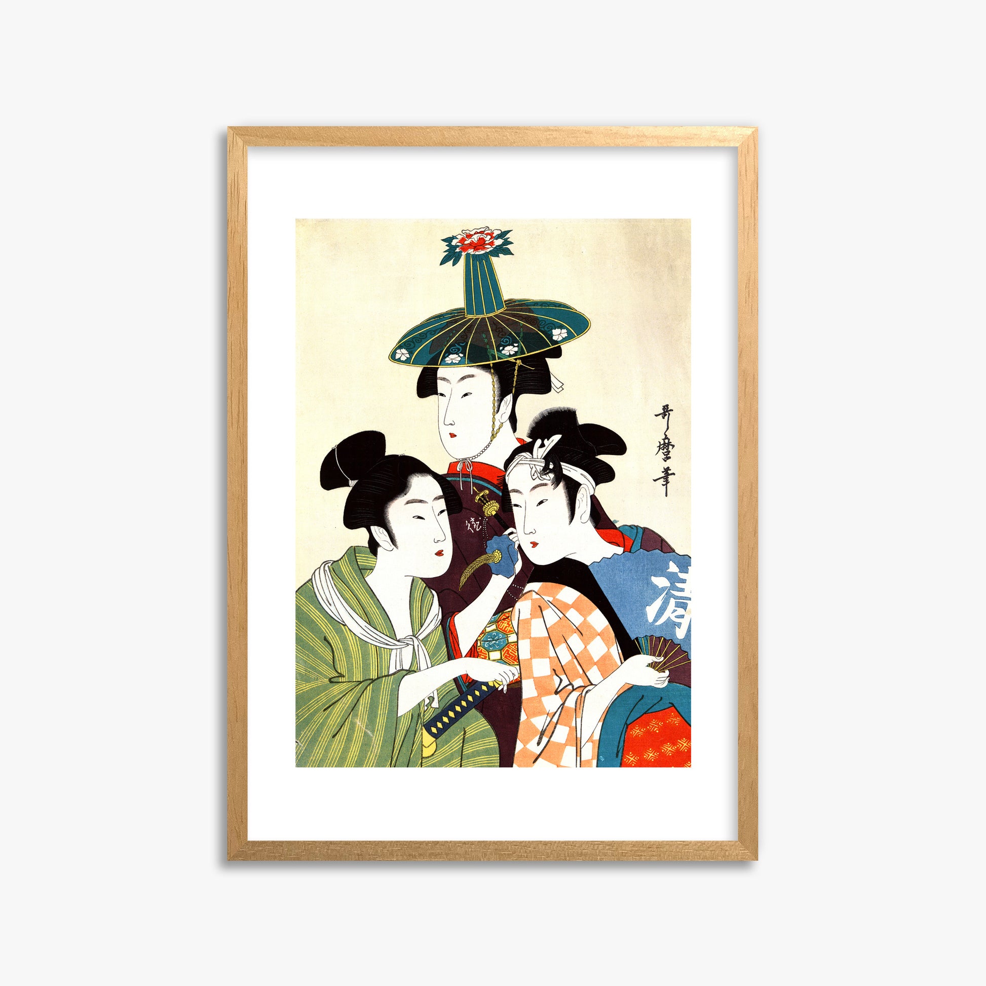 Utamaro Kitagawa: Three Young Men or Women, 50x70cm Framed Art Reproduction With Oak Frame